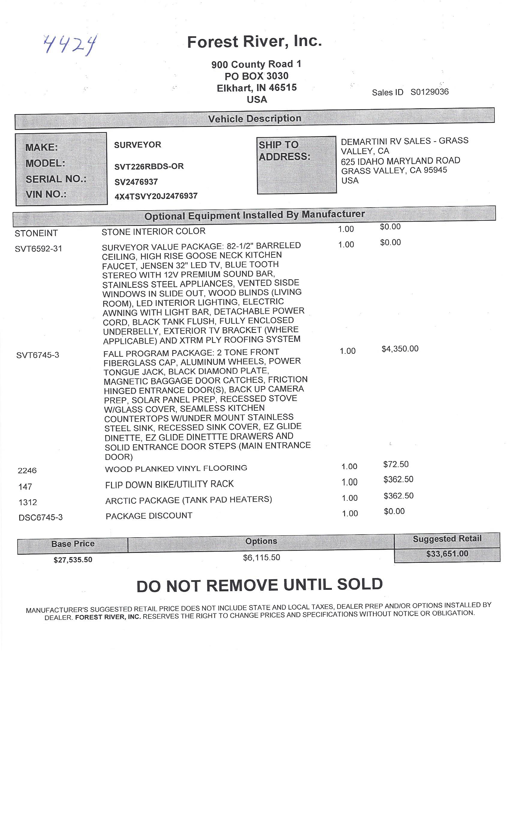 2018 Forest River Surveyor 226RBDS MSRP Sheet