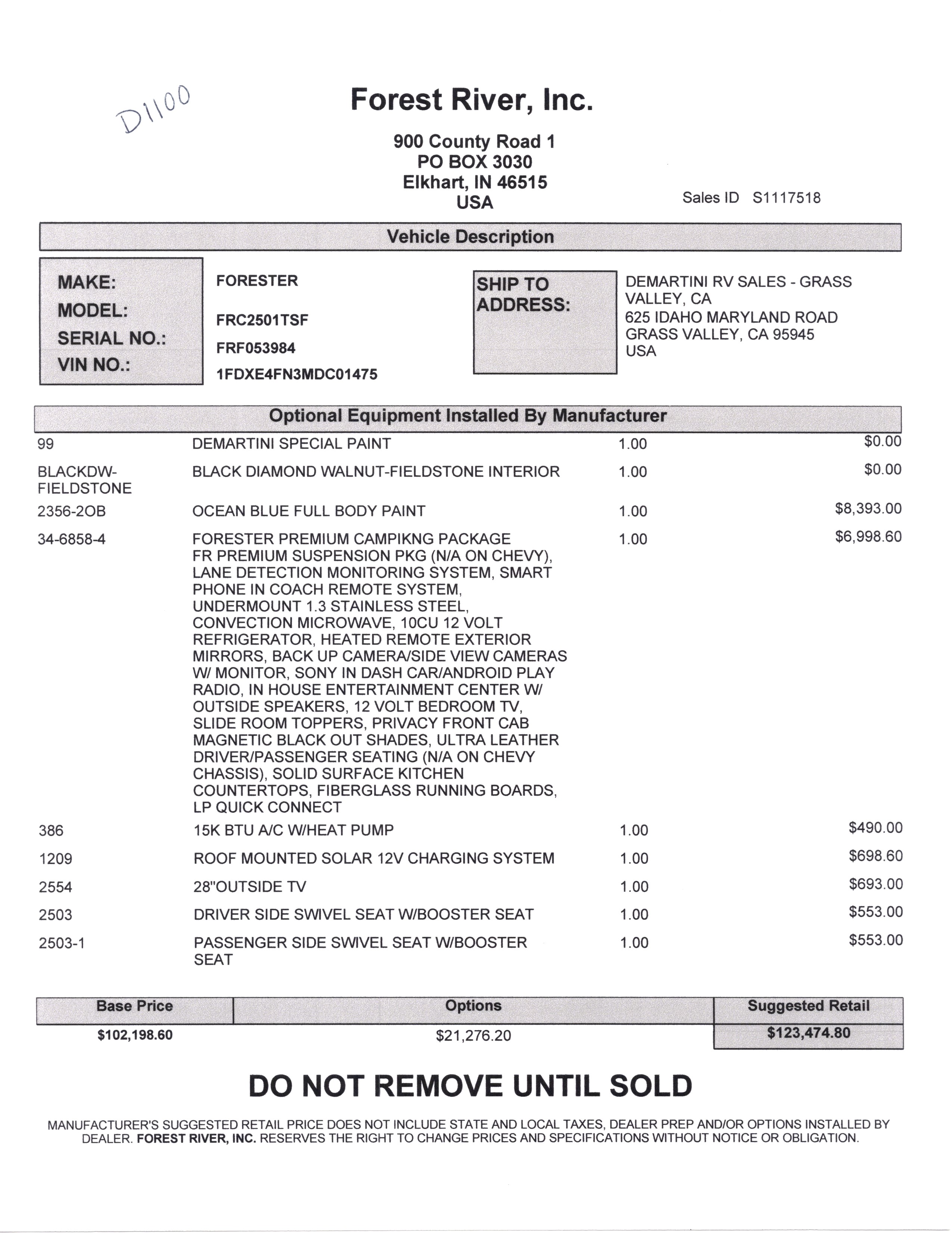 2021 Forest River Forester Classic 2501TS MSRP Sheet