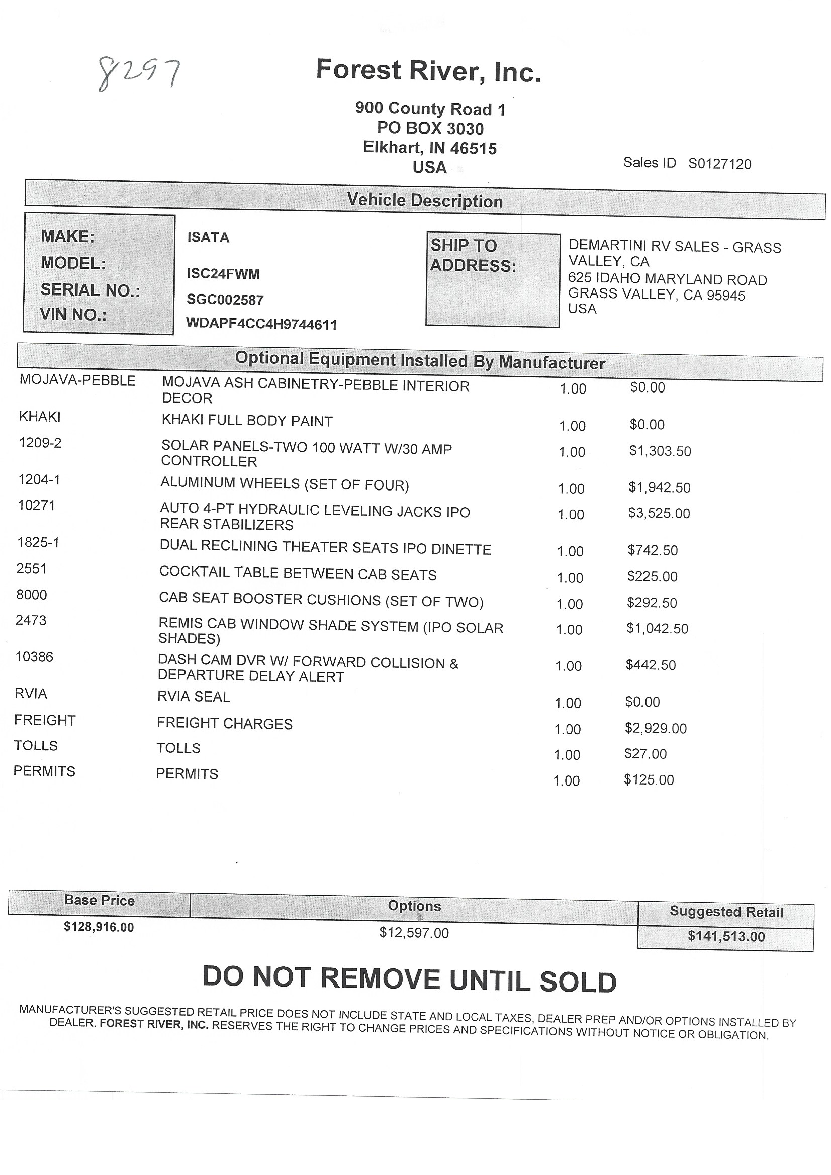 2019 Dynamax Isata 3 24FW MSRP Sheet