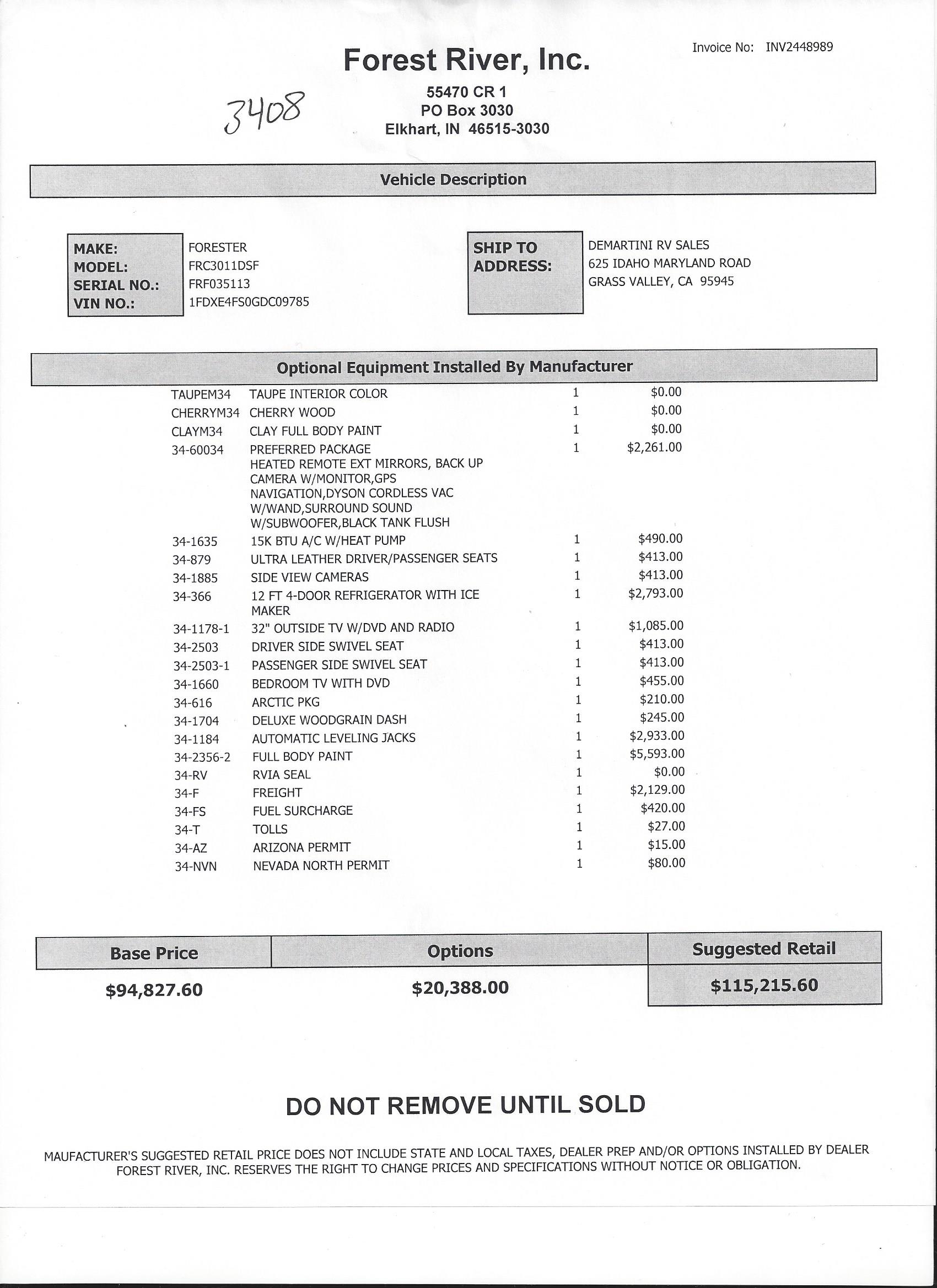 2016 Forest River Forester 3011DS MSRP Sheet