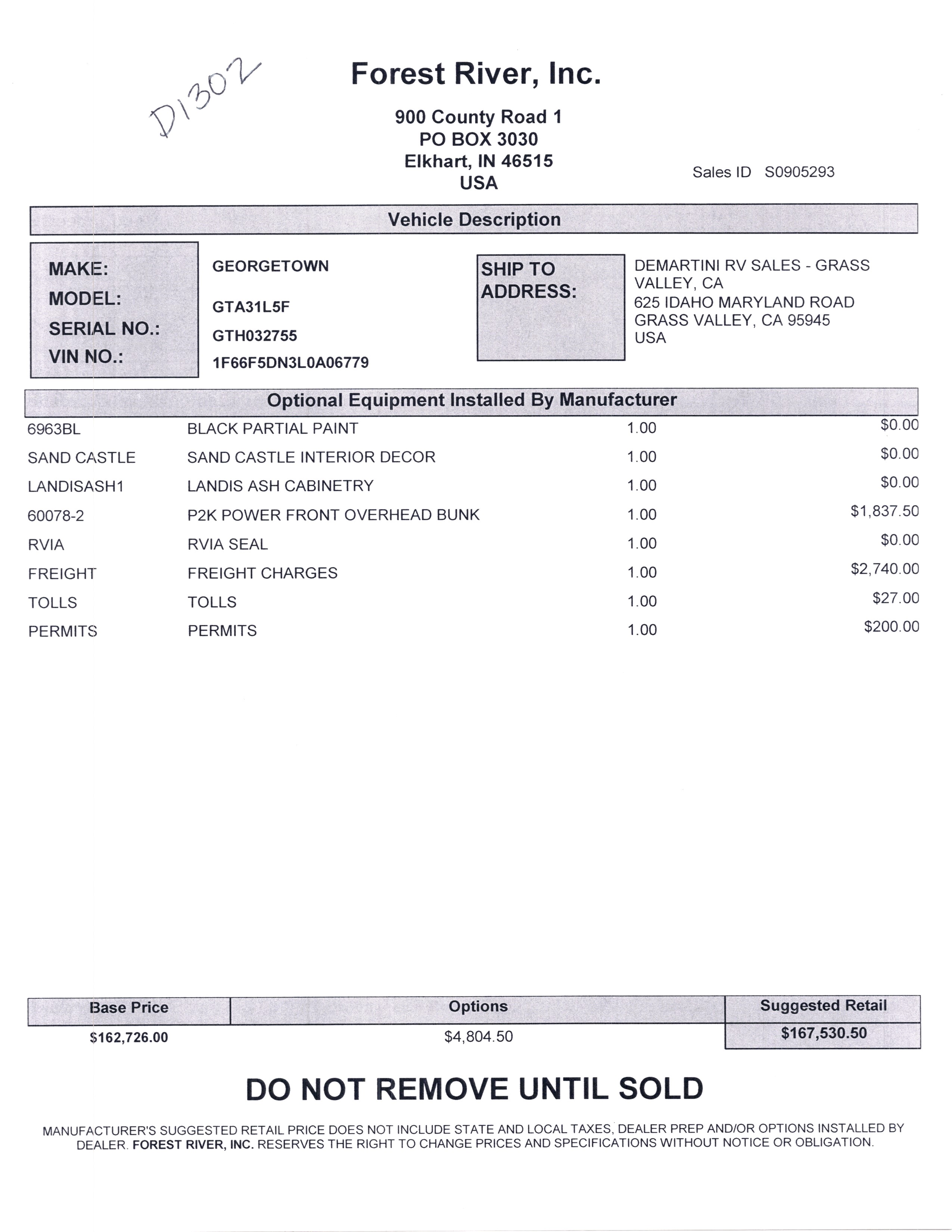 2021 Forest River Georgetown GT5 31L5 MSRP Sheet