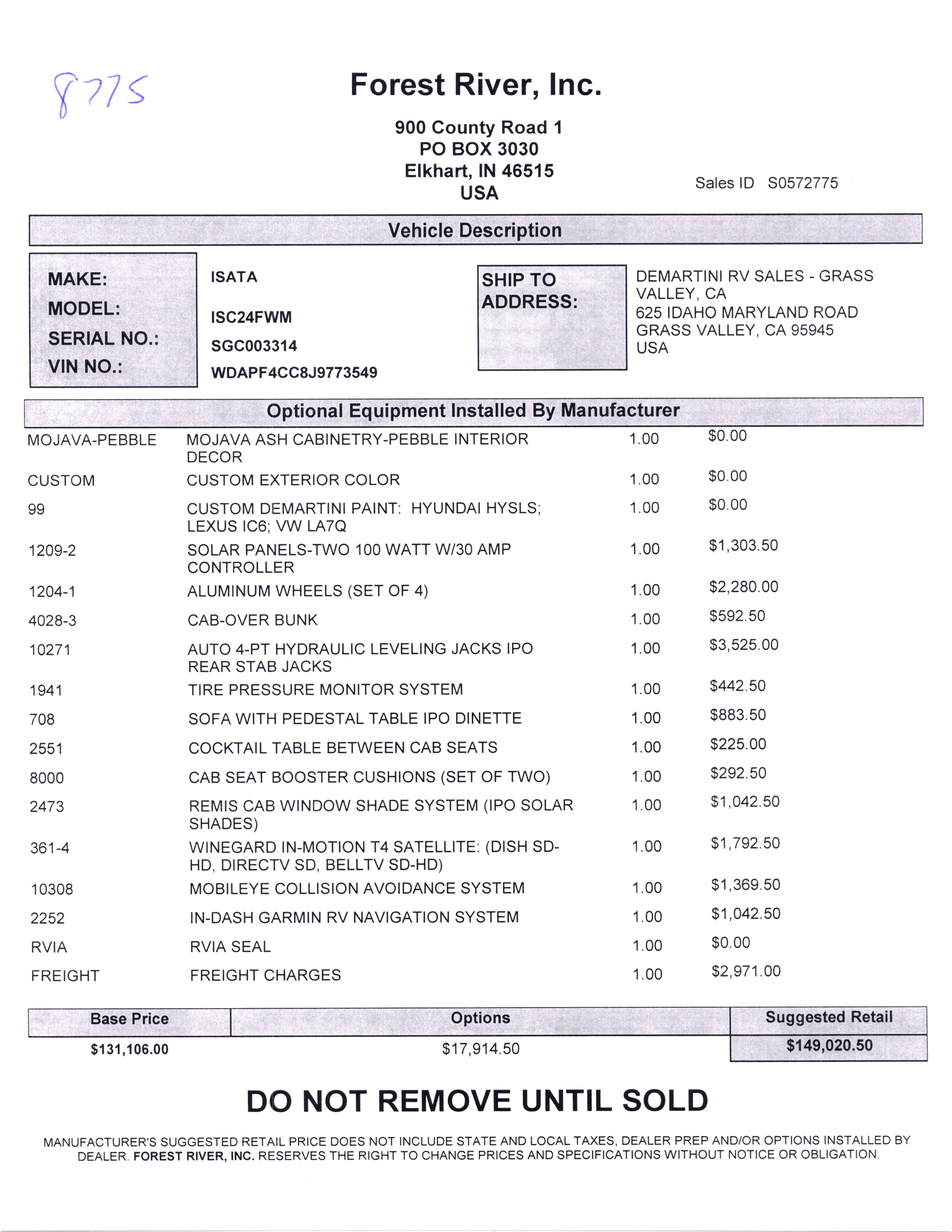 2019 Dynamax Isata 3 24FW MSRP Sheet