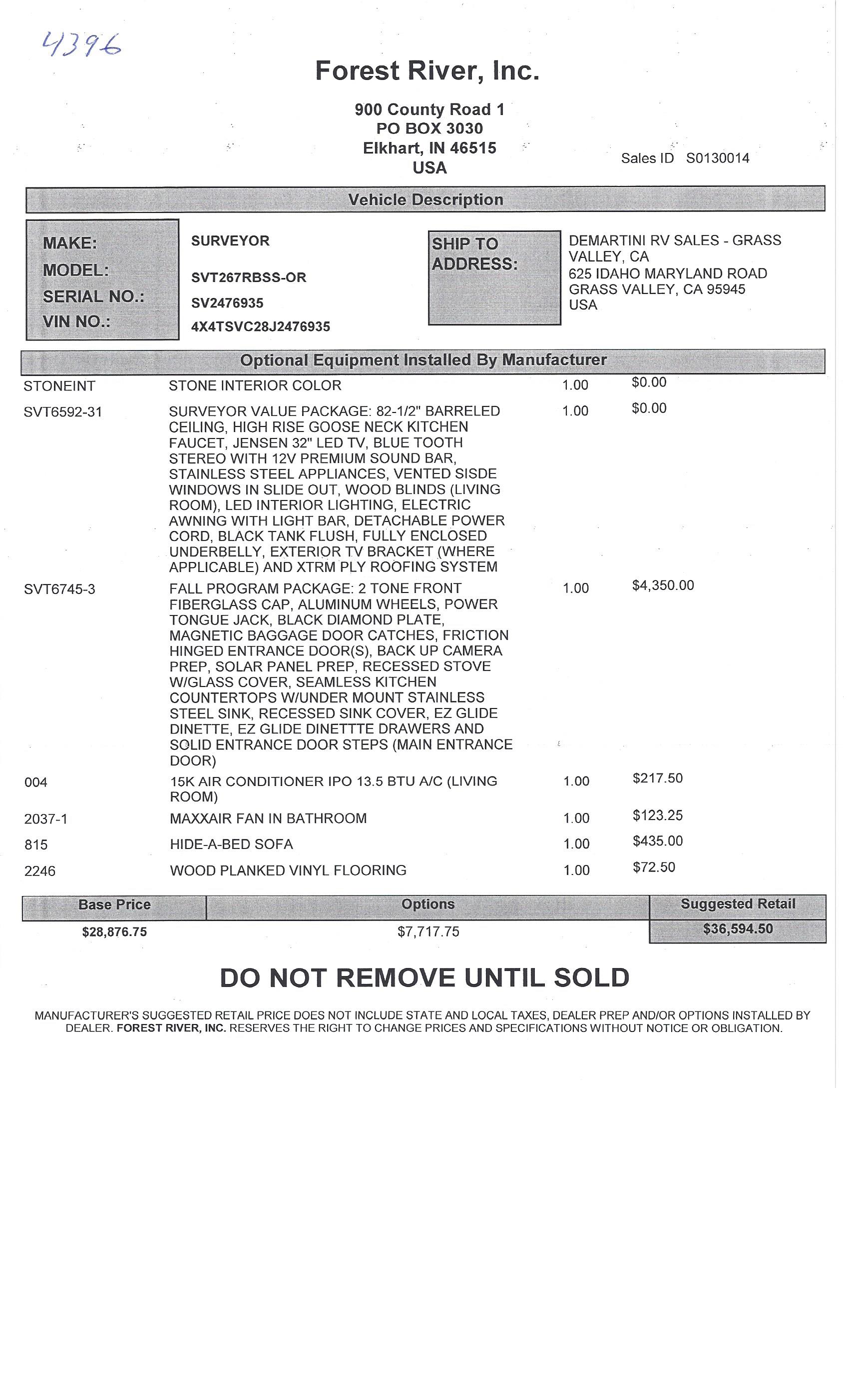 2018 Forest River Surveyor 267RBSS MSRP Sheet