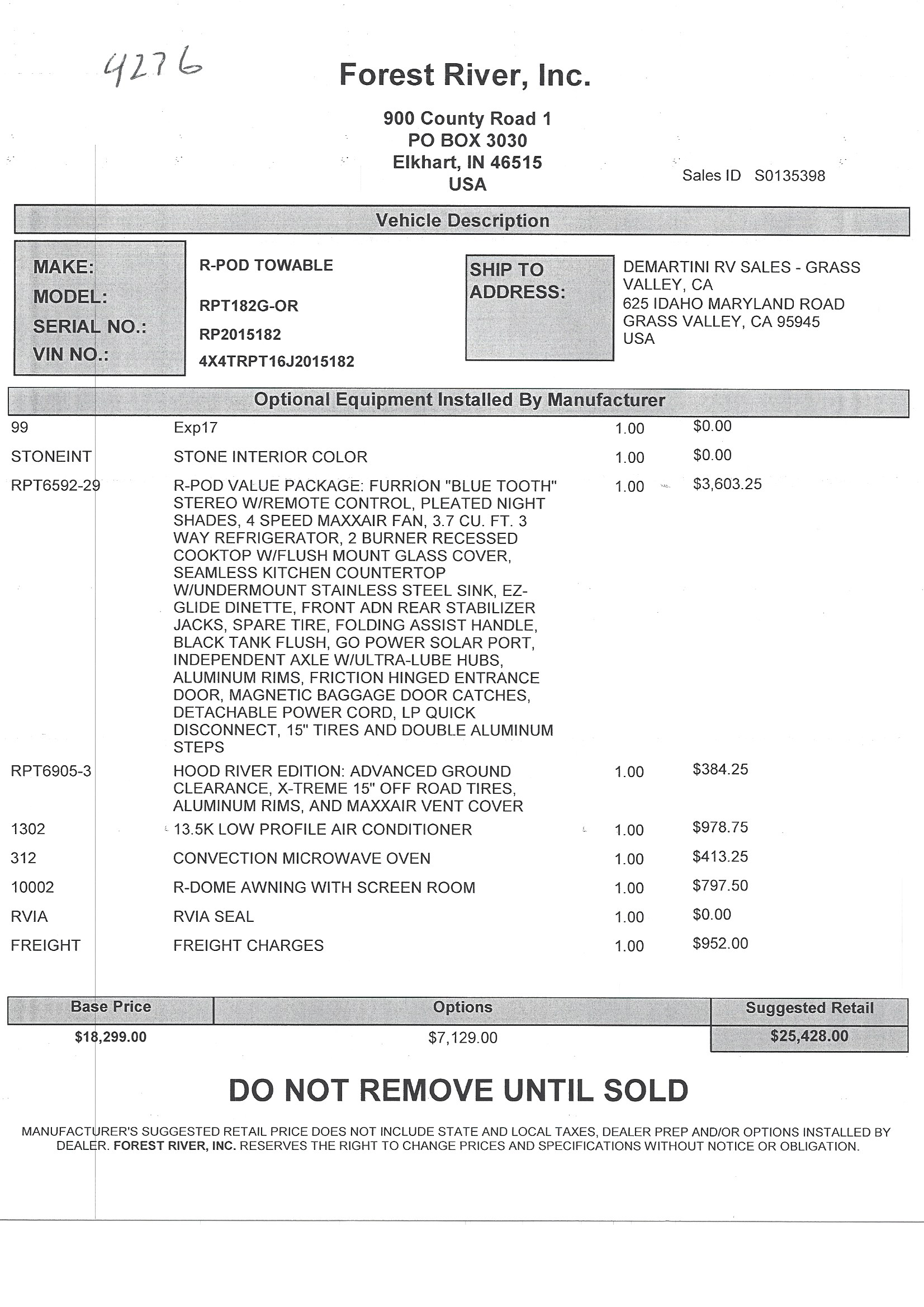 2018 Forest River R-Pod 182G MSRP Sheet