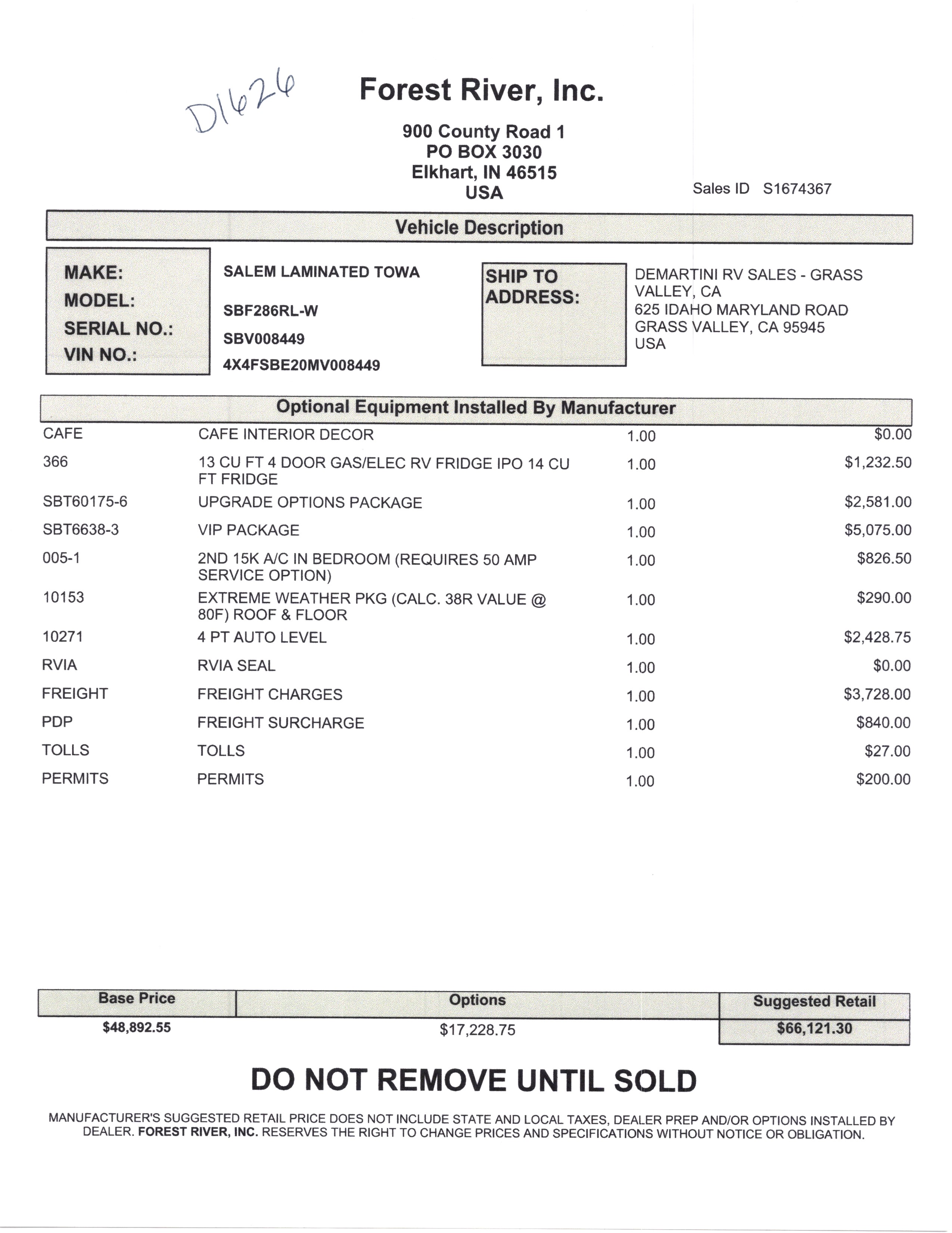 2021 Forest River Salem Hemisphere 286RL MSRP Sheet