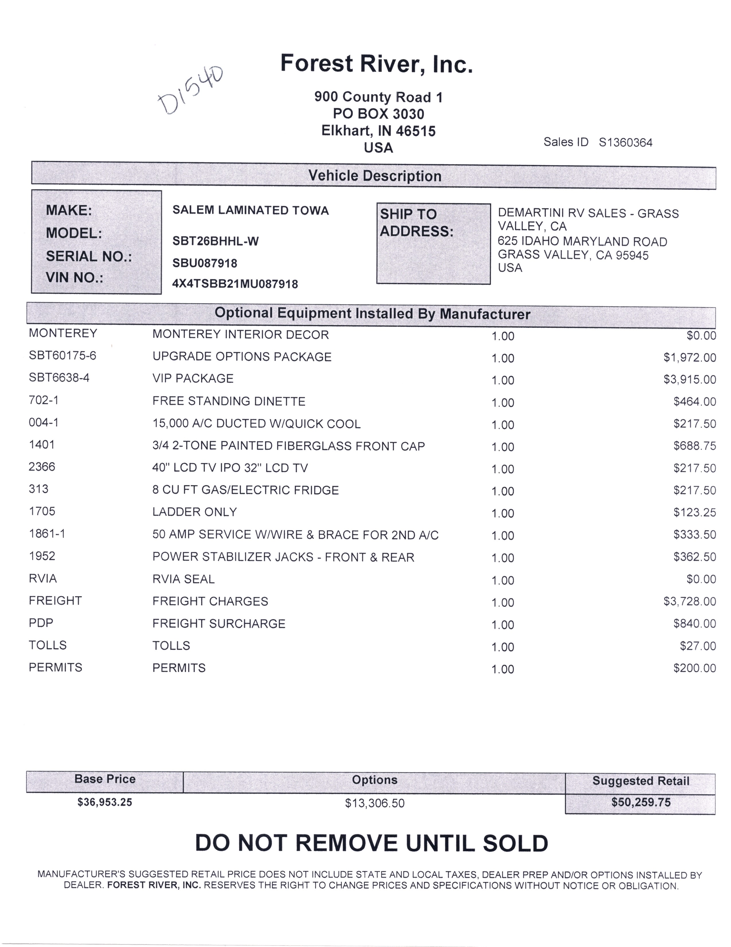 2021 Salem Hemisphere Hyper-Lyte 26BHHL MSRP Sheet