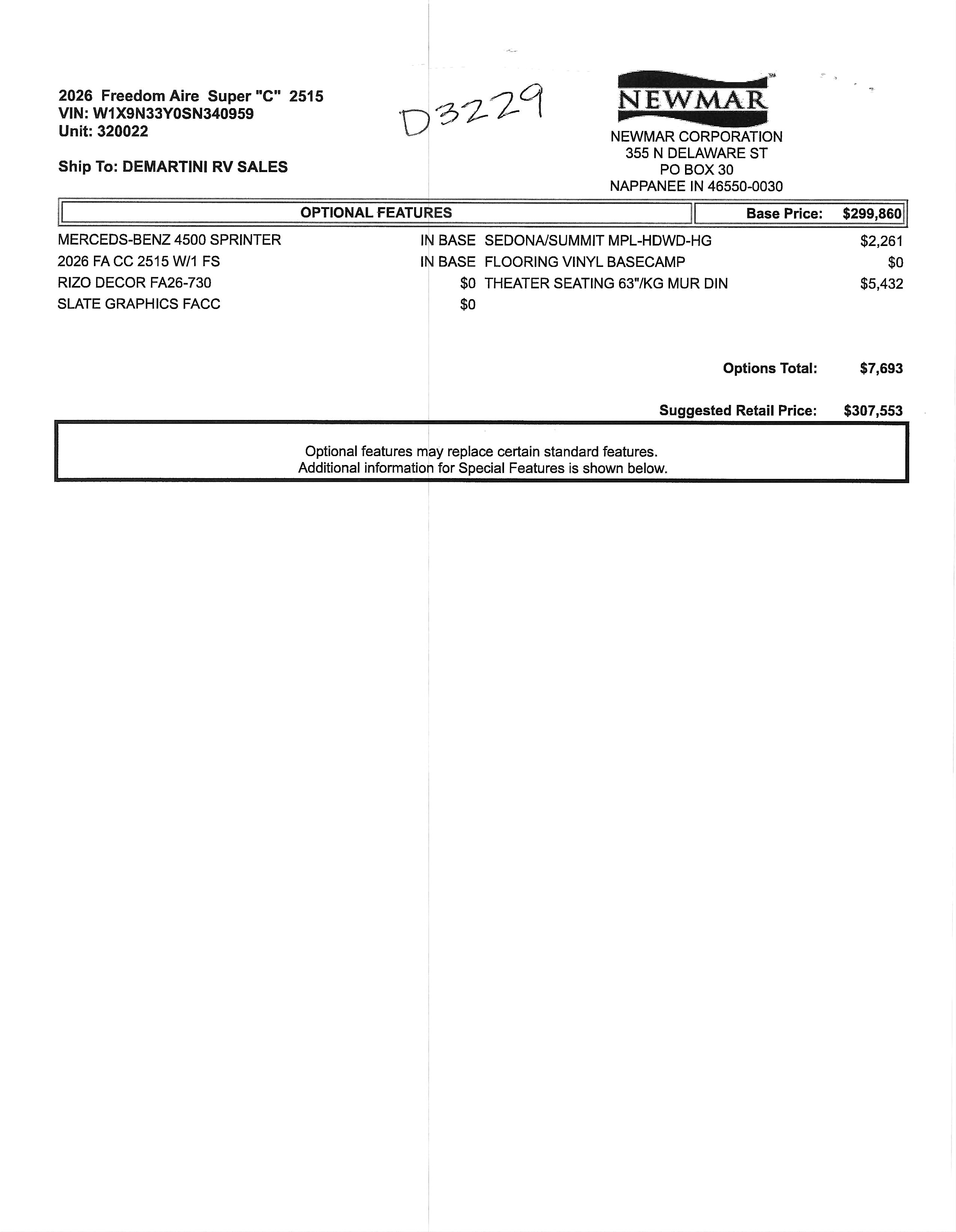 2026 Newmar Freedom Aire 2515 MSRP Sheet