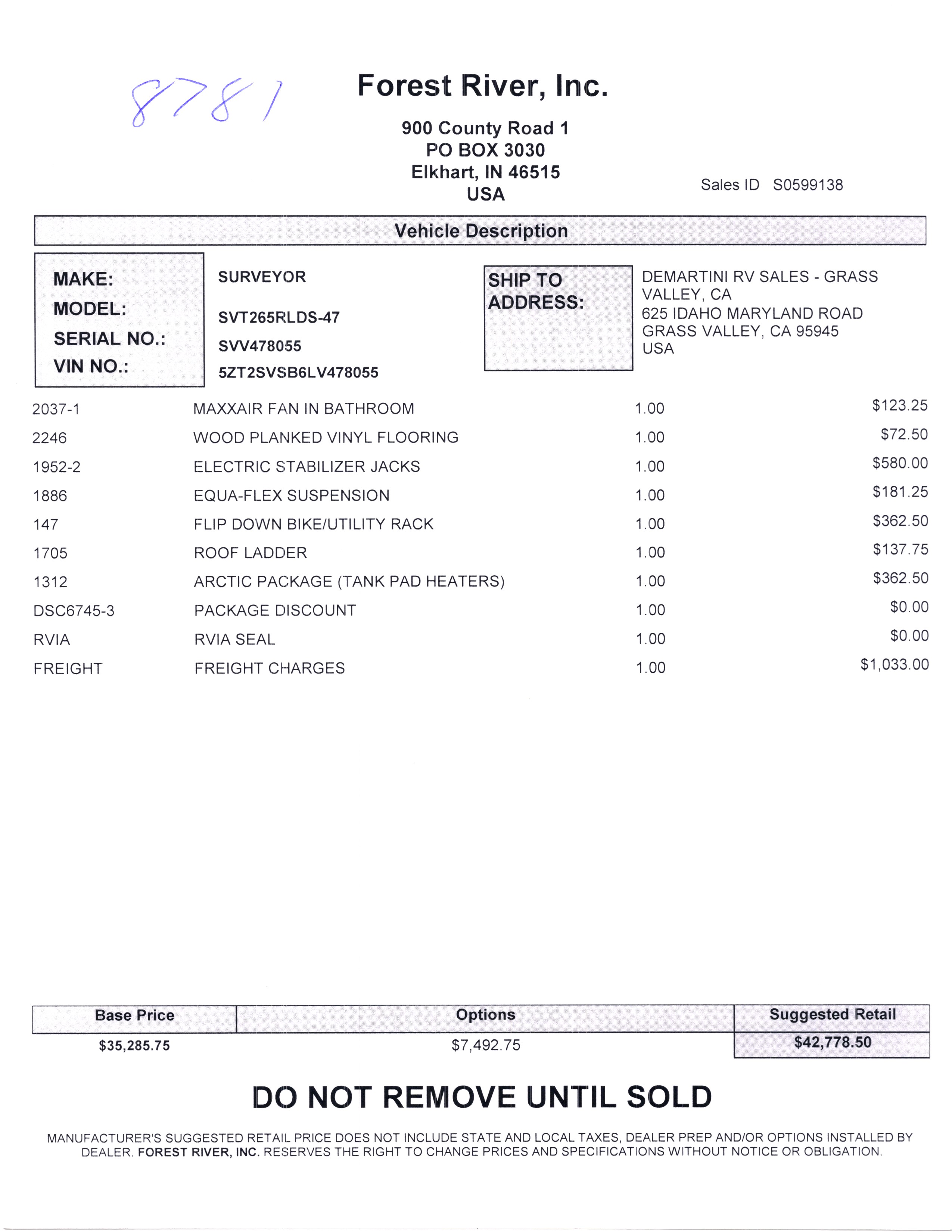 2020 Forest River Surveyor 265RLDS MSRP Sheet