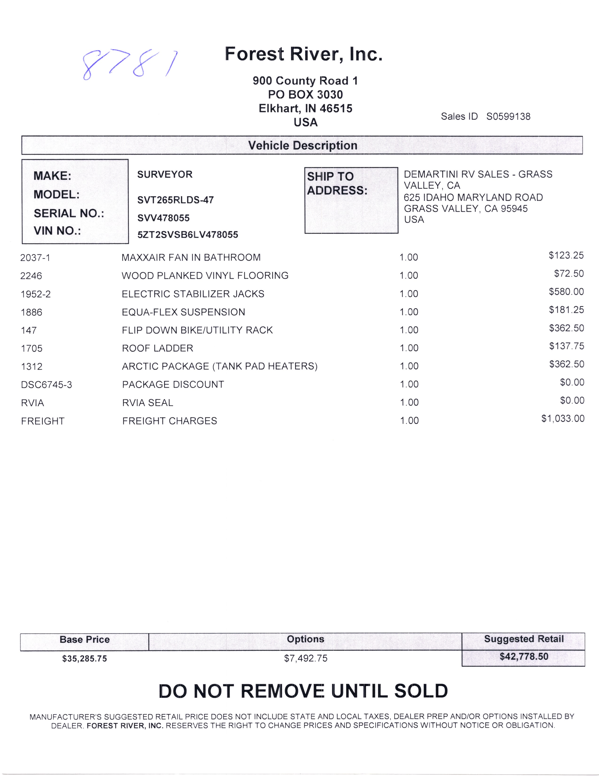 2020 Forest River Surveyor 265RLDS MSRP Sheet