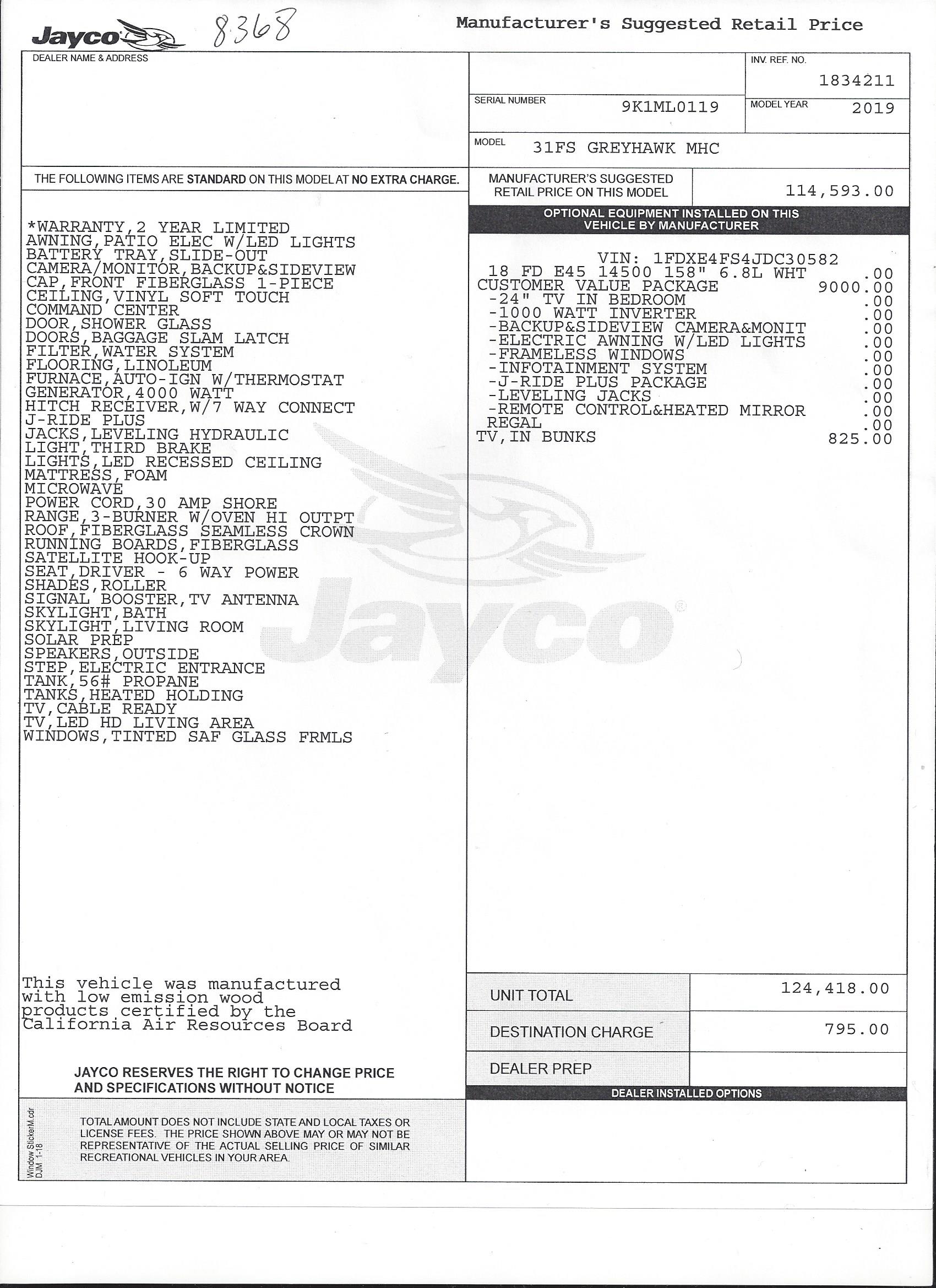 2019 Jayco Greyhawk 31FS MSRP Sheet