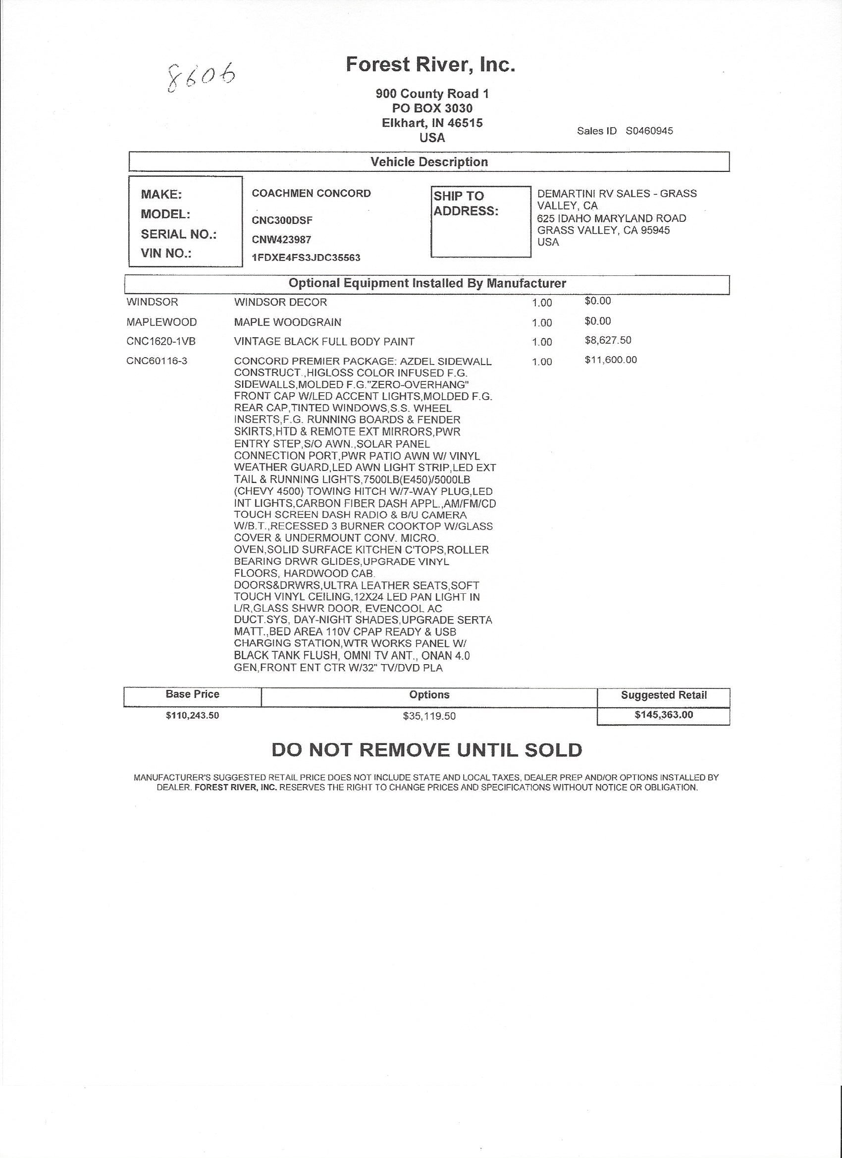 2019 Coachmen Concord MSRP Sheet