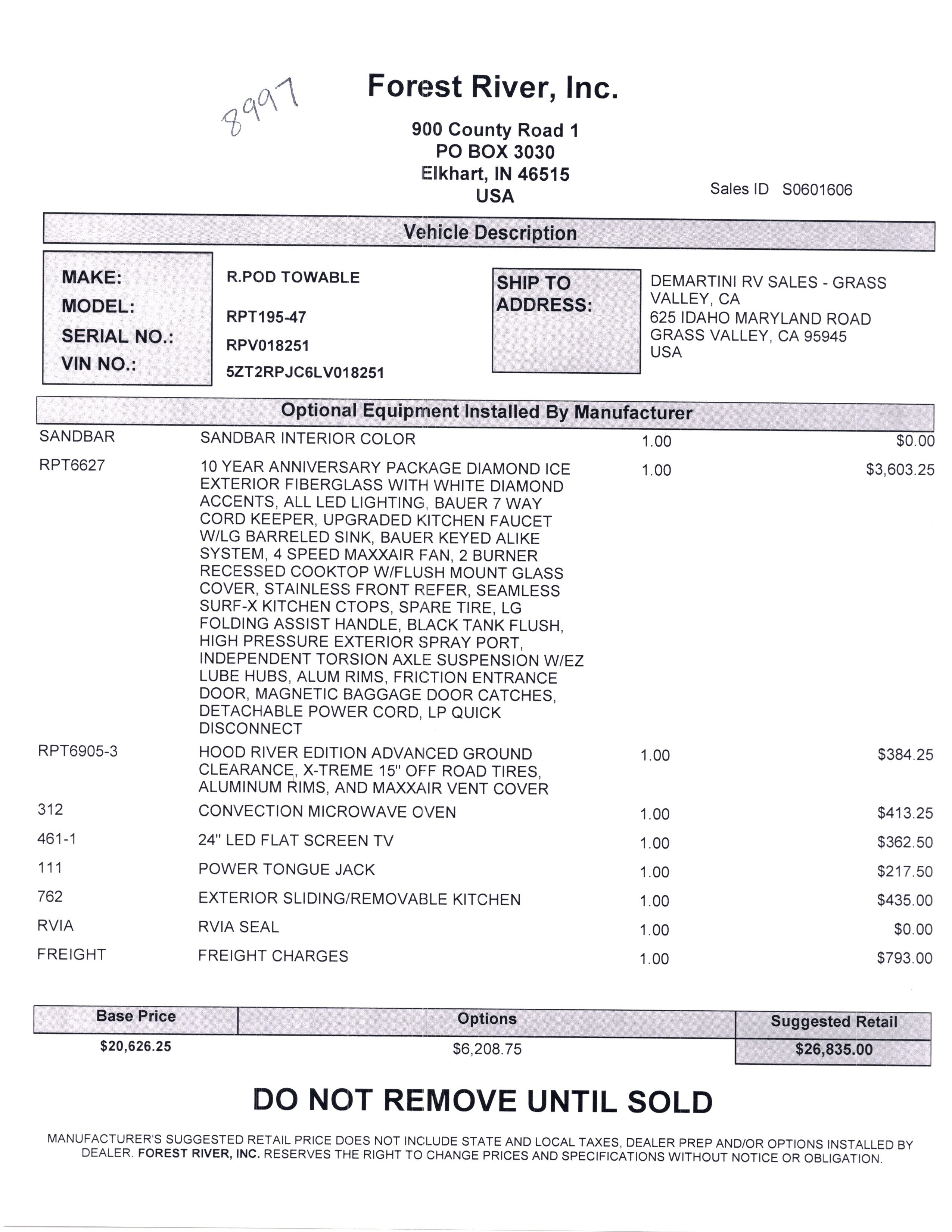 2020 Forest River R-Pod 195 MSRP Sheet