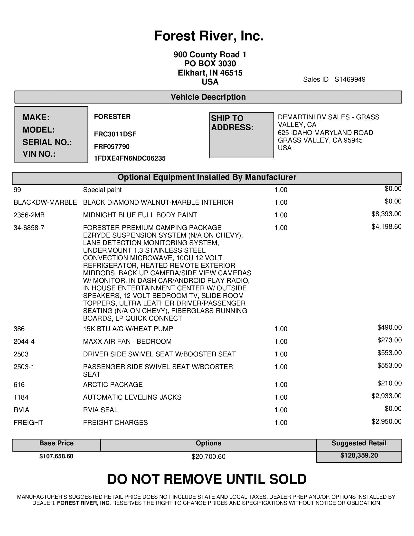 2021 Forest River Forester Classic 3011DS MSRP Sheet