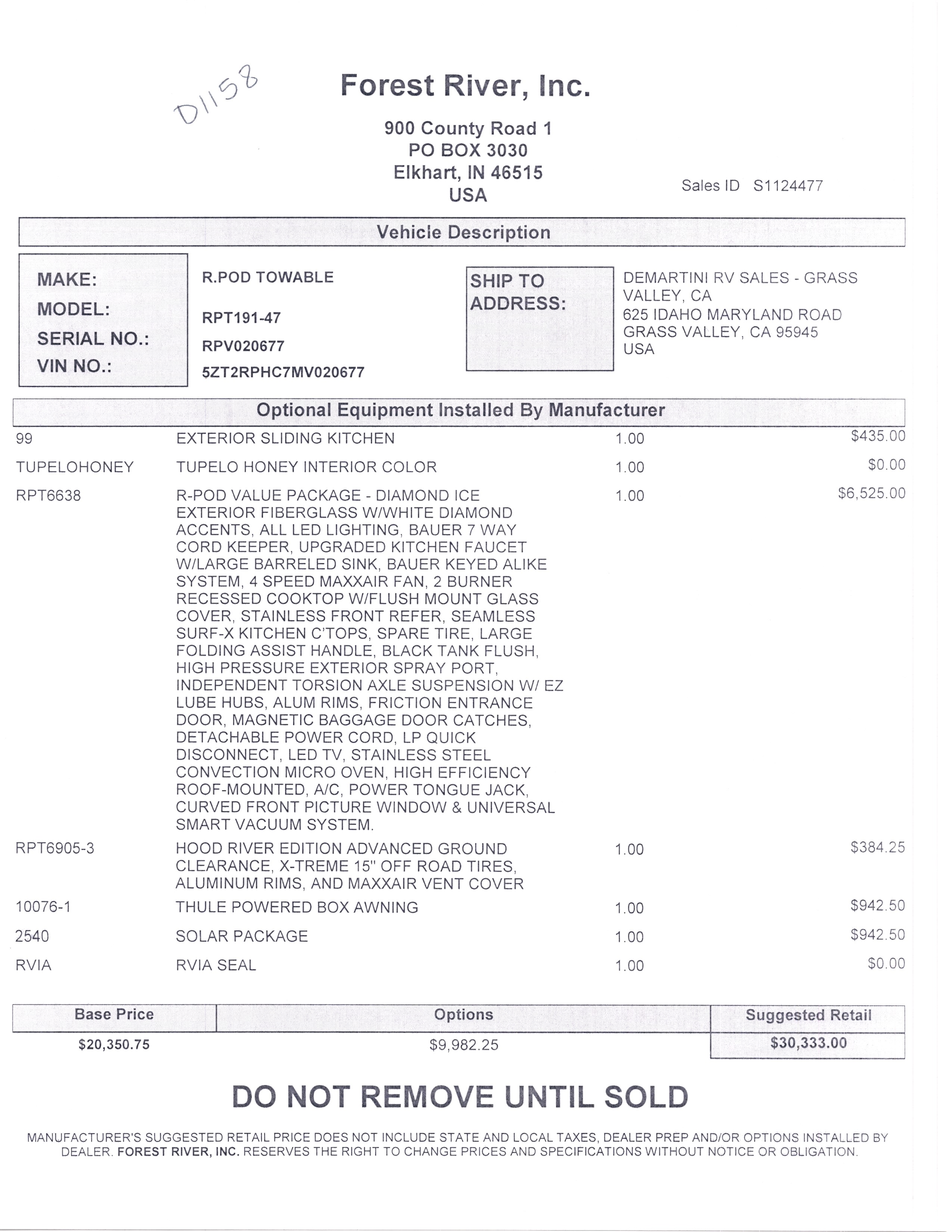 2021 Forest River R-Pod 191 MSRP Sheet