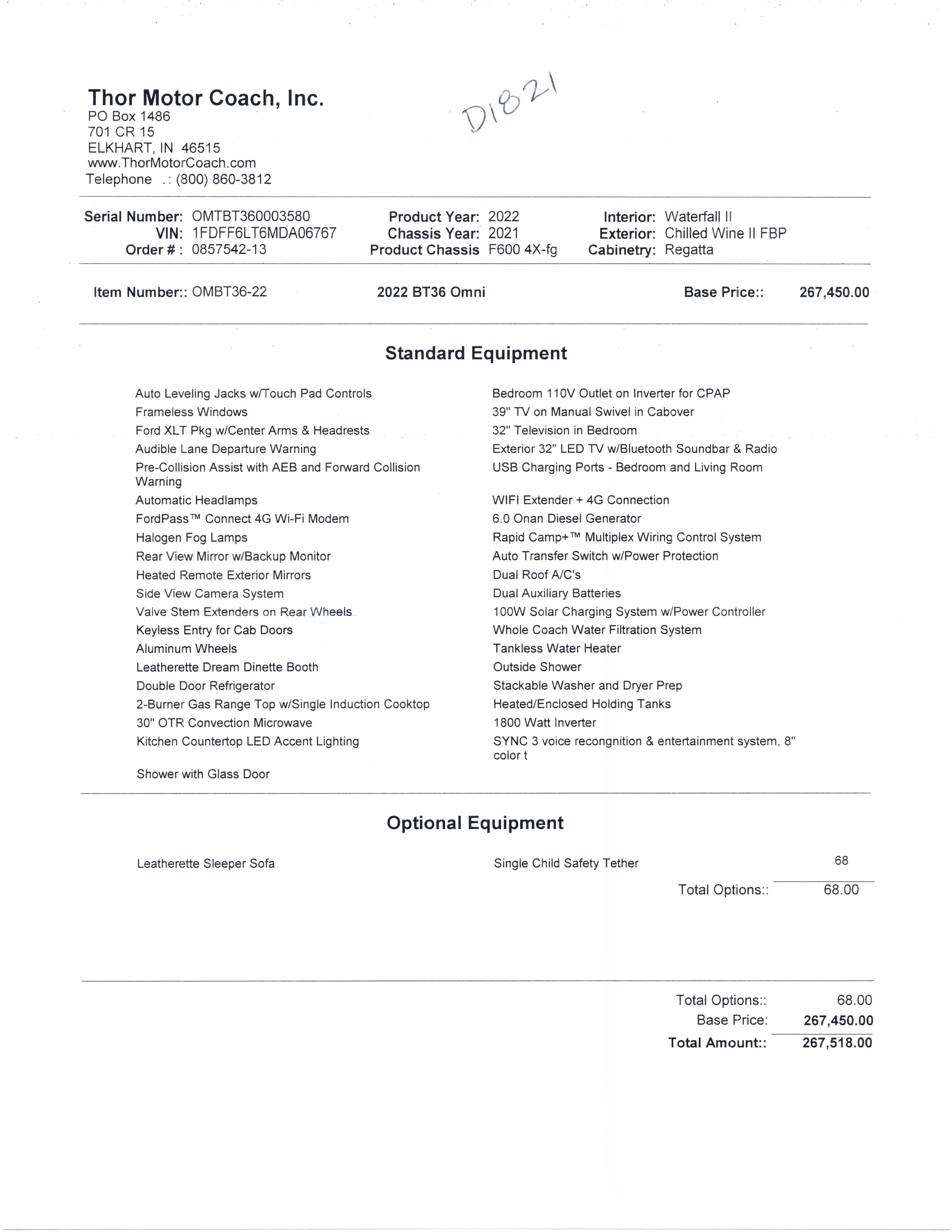 2022 Thor Omni 4x4 BT36 MSRP Sheet