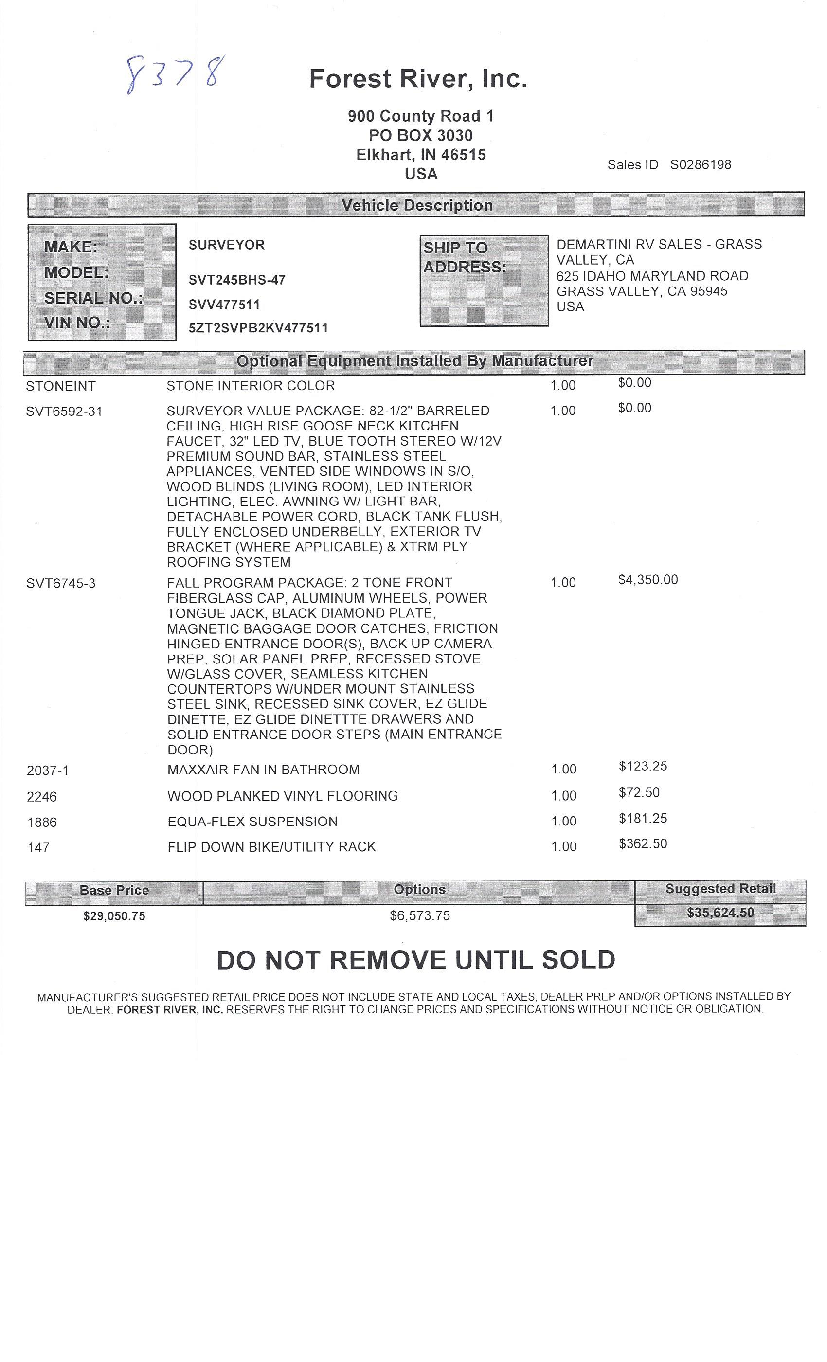 2018 Forest River Surveyor 245BH MSRP Sheet