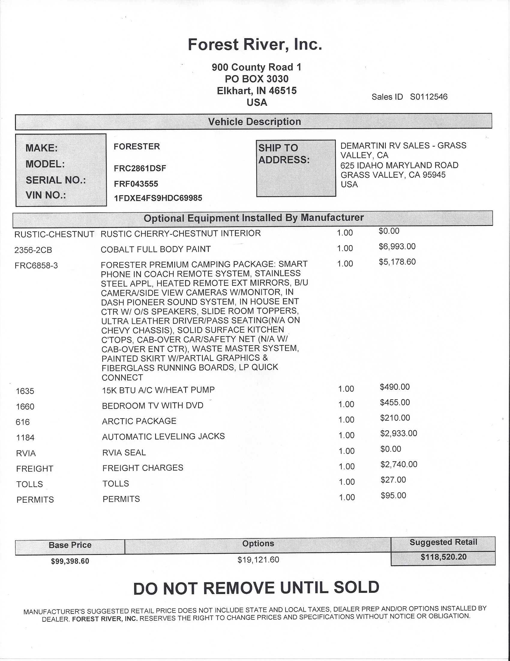 2018 Forest River Forester 2861DS MSRP Sheet