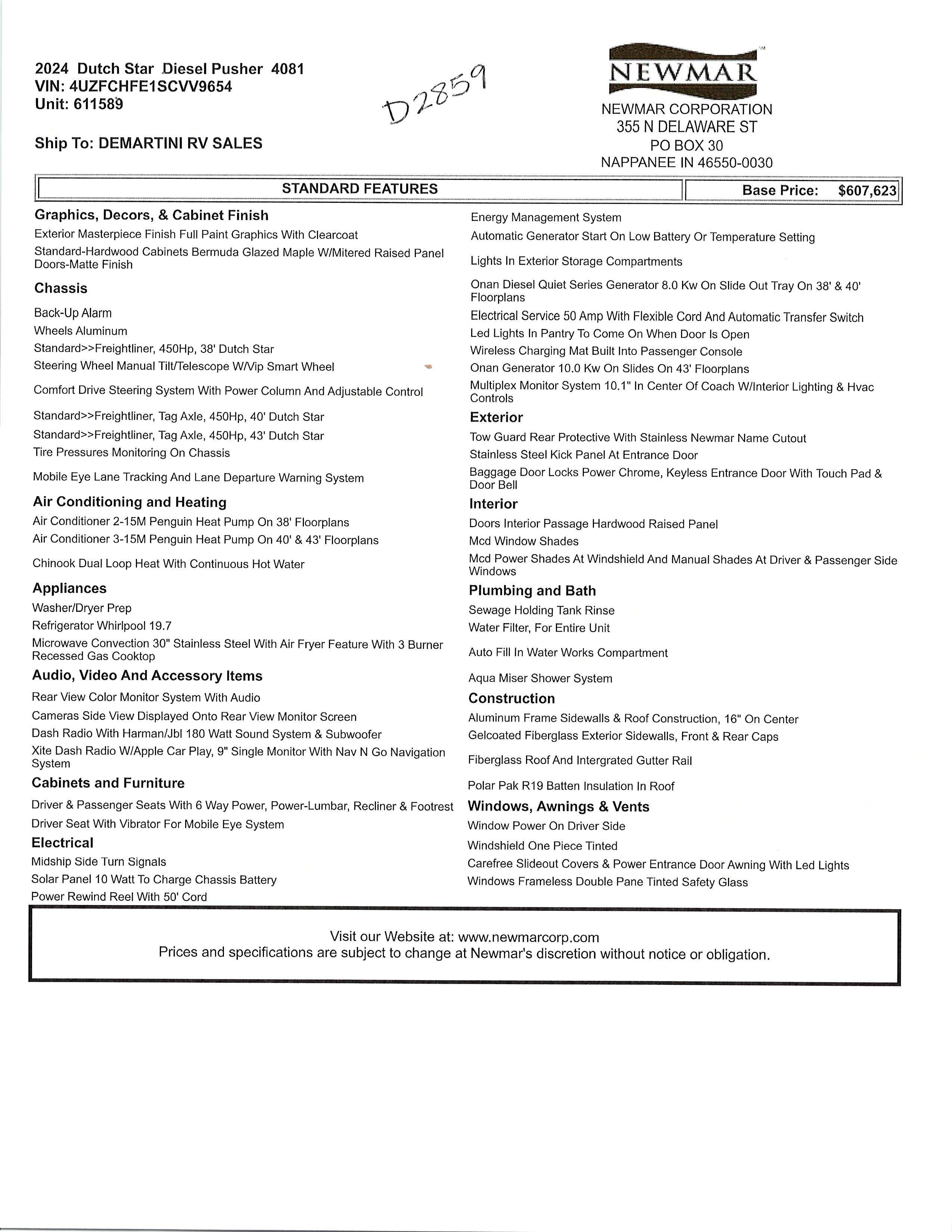 2024 Newmar Dutch Star 4081 MSRP Sheet