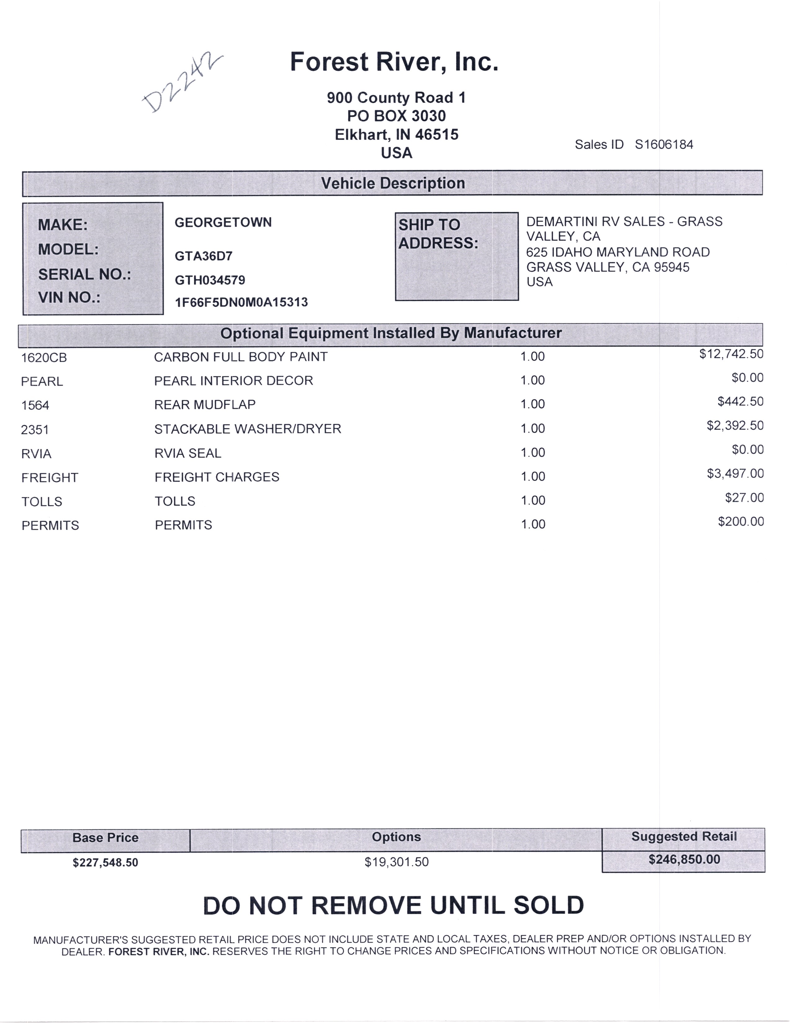 2022 Forest River Georgetown GT7 36D7 MSRP Sheet