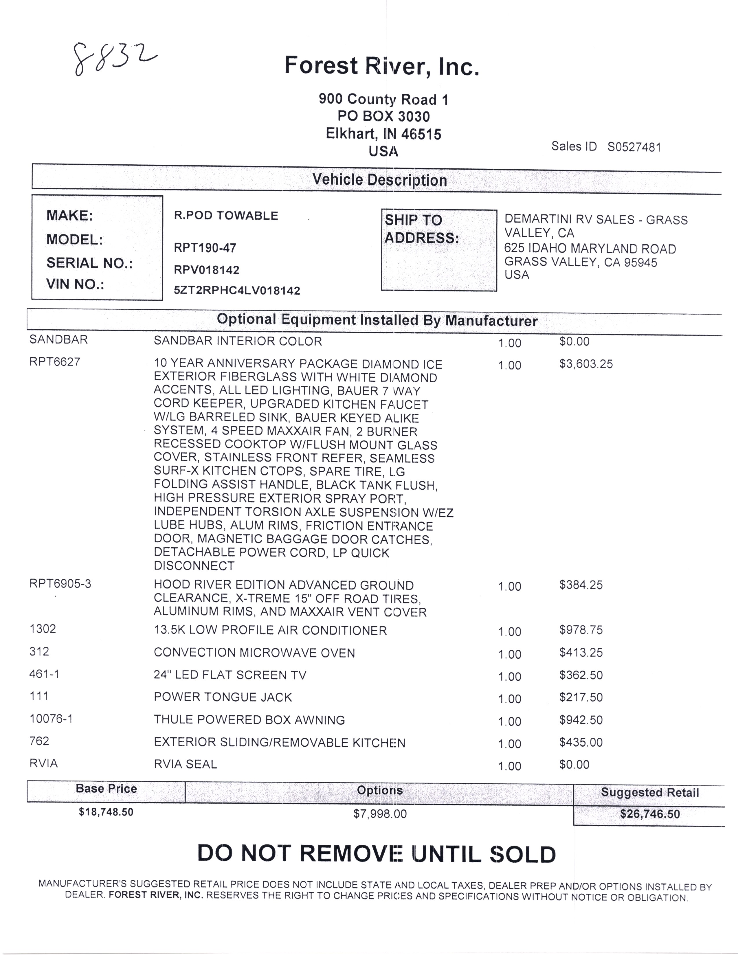 2020 Forest River R-Pod 190 MSRP Sheet