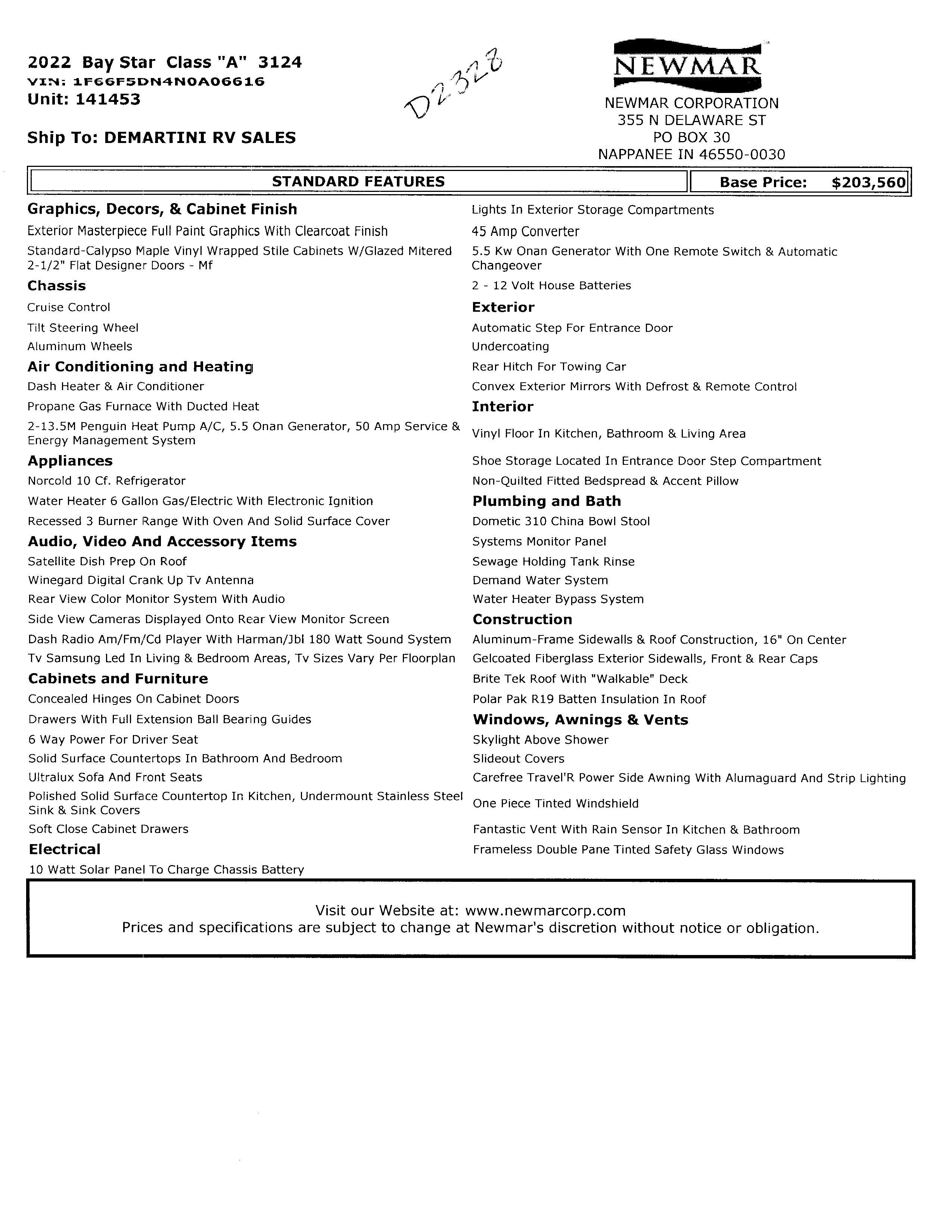 2022 Newmar Bay Star 3124 MSRP Sheet