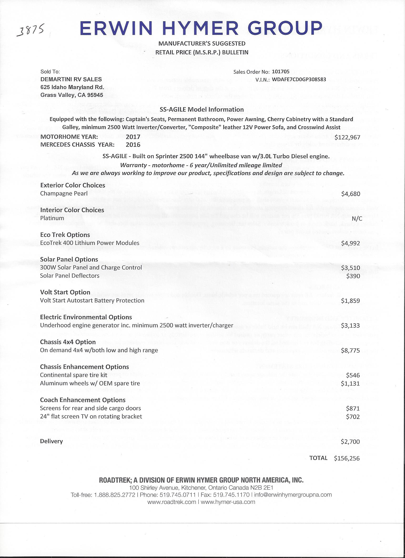 2017 RoadTrek SS Agile 4x4 MSRP Sheet