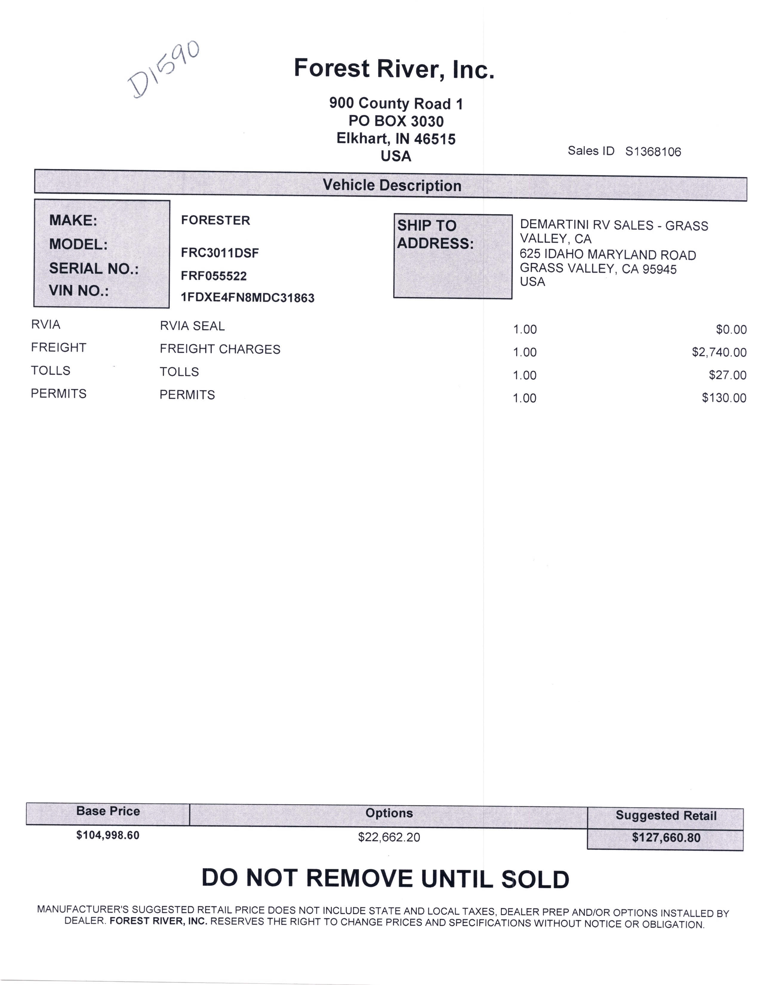 2021 Forest River Forester Classic 3011DS MSRP Sheet