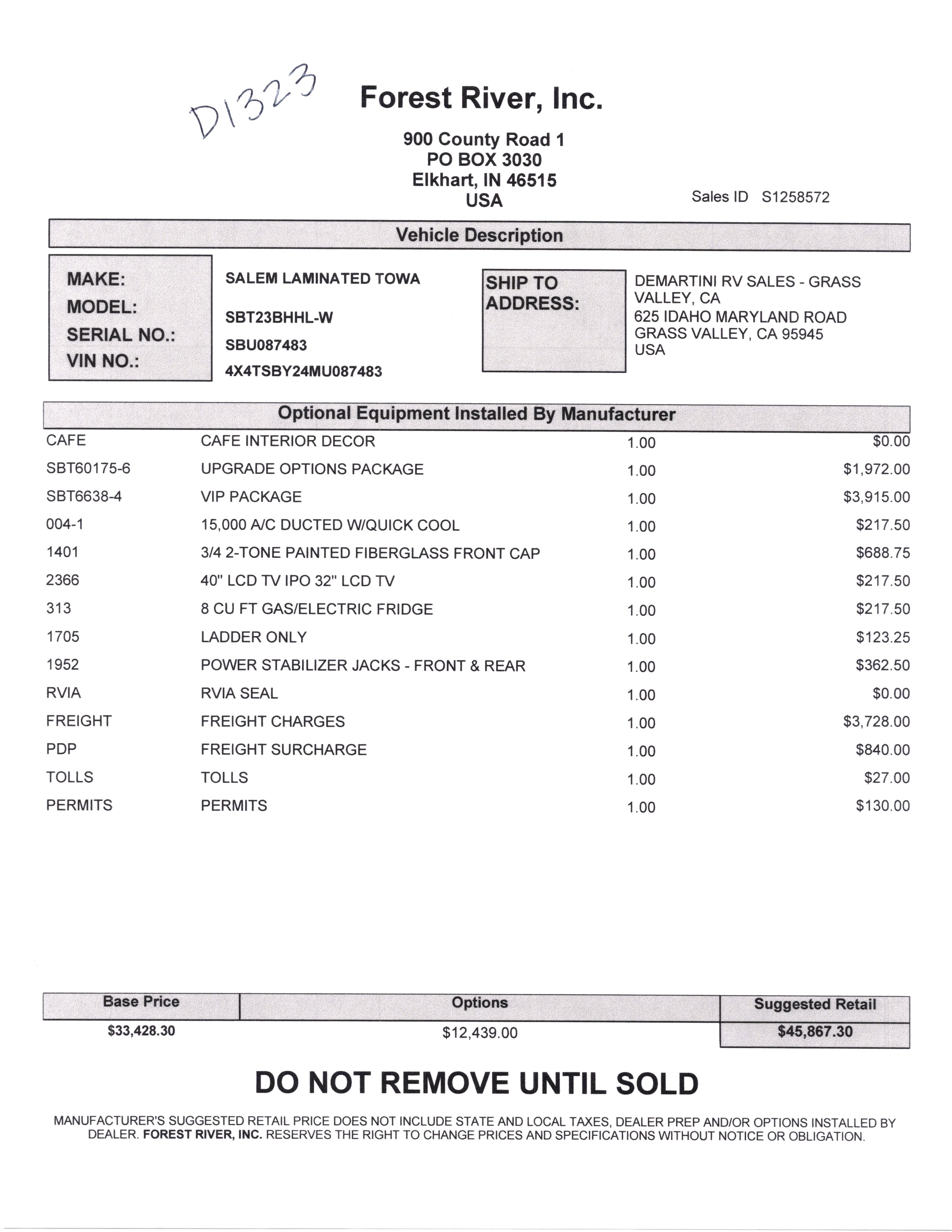 2021 Forest River Salem Hemisphere Hyper-Lyte 23BHHL MSRP Sheet