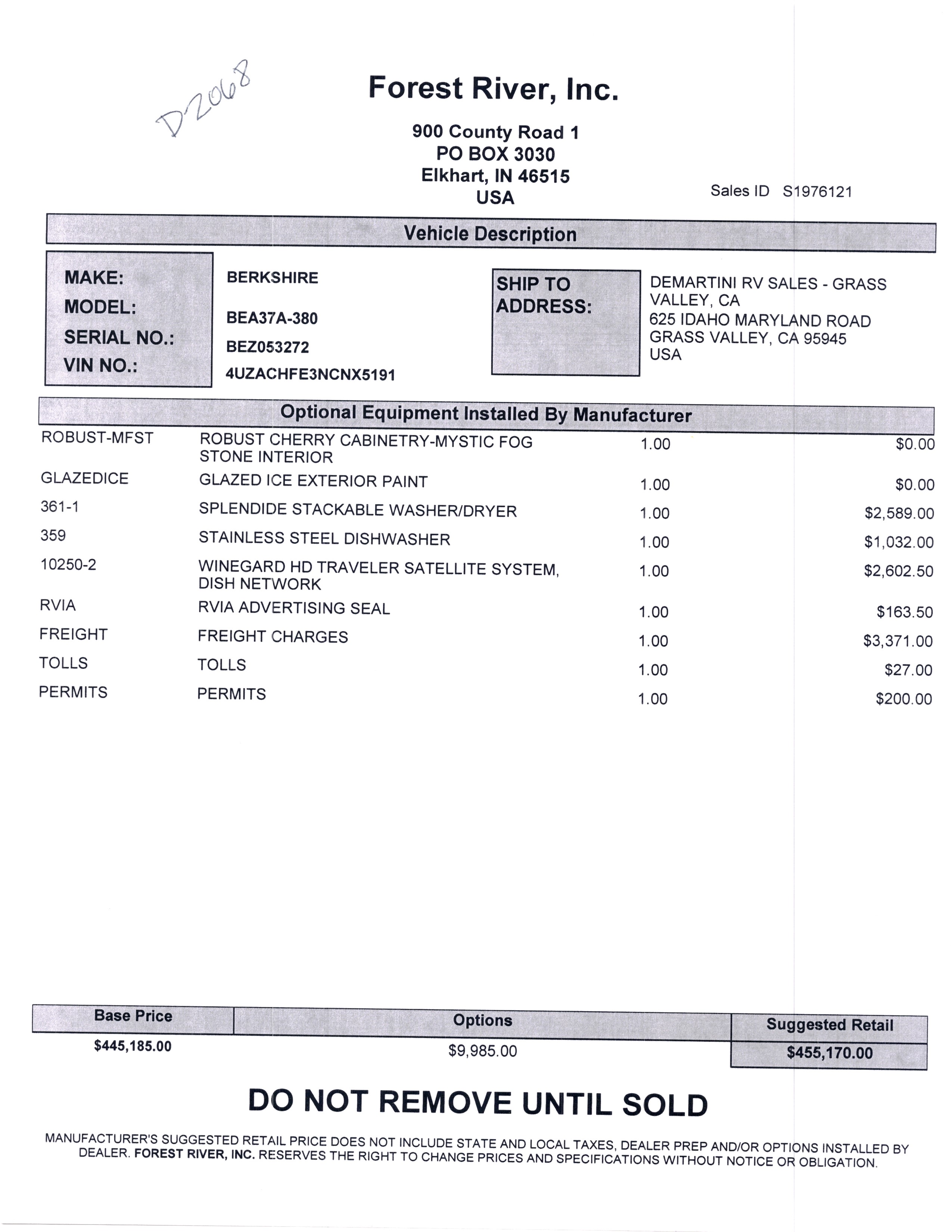 2022 Forest River Berkshire XL 37A MSRP Sheet