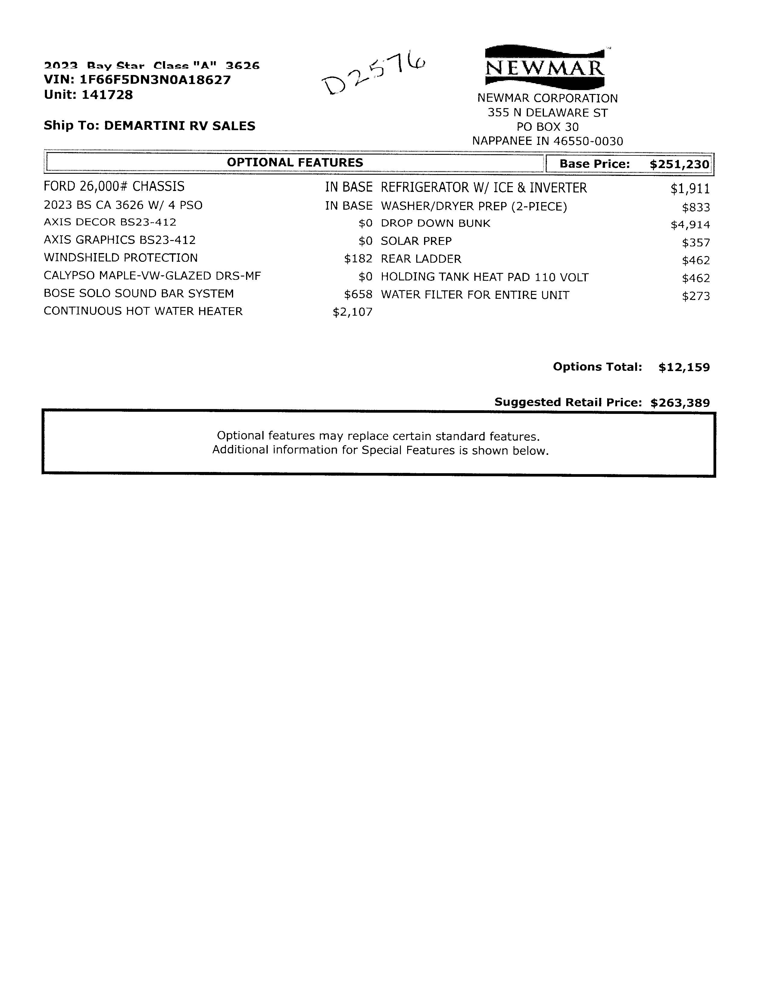 2023 Newmar Bay Star 3626 MSRP Sheet