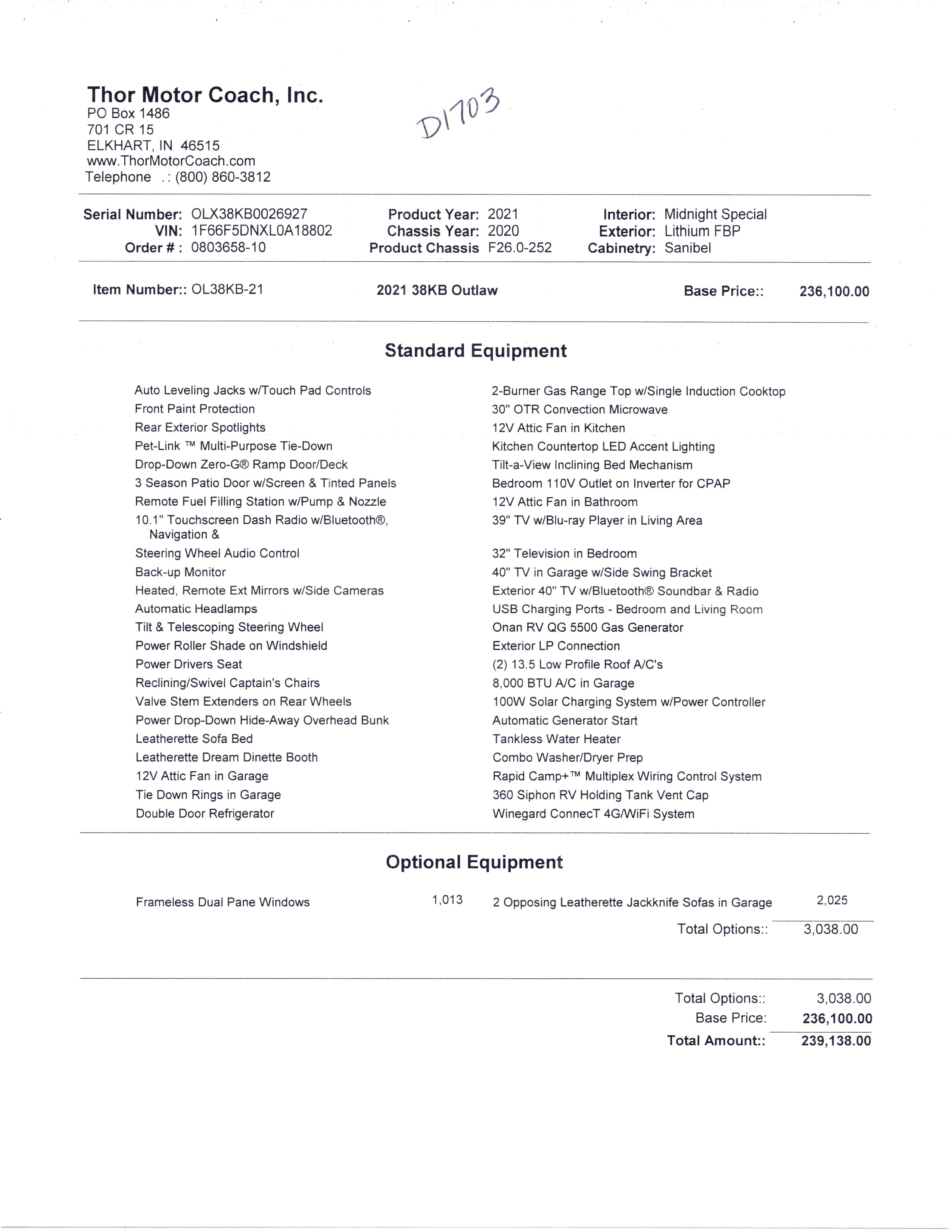 2021 Thor Outlaw 38KB Toy Hauler MSRP Sheet