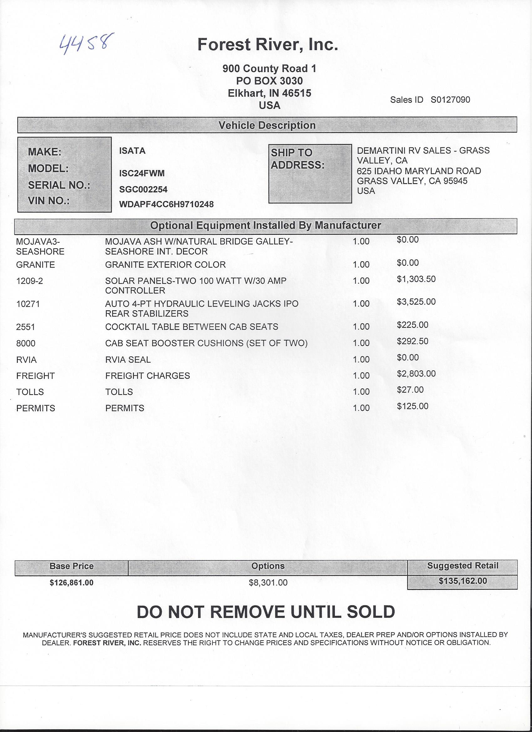 2018 Dynamax Isata 3 24FW MSRP Sheet