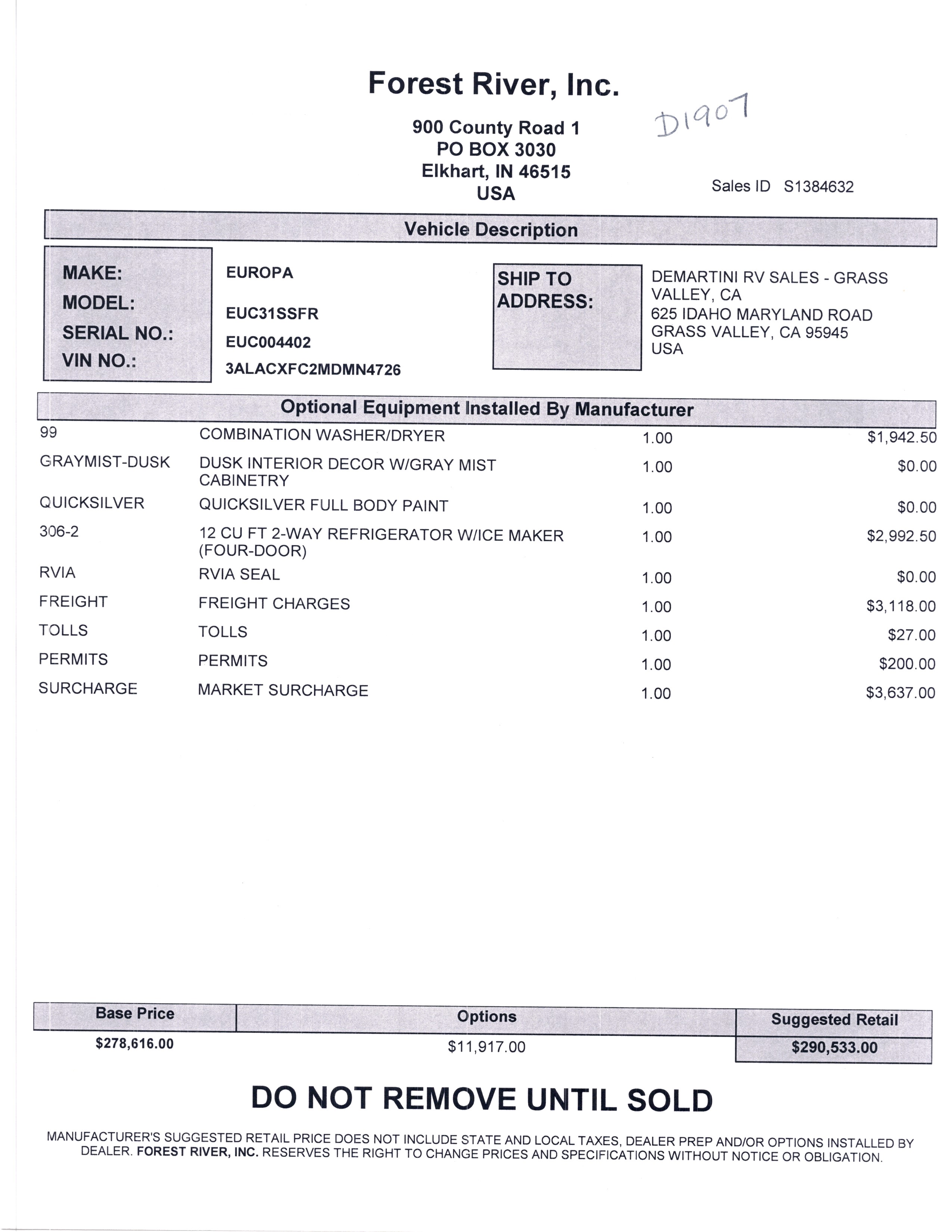 2021 Dynamax Europa 31SS MSRP Sheet