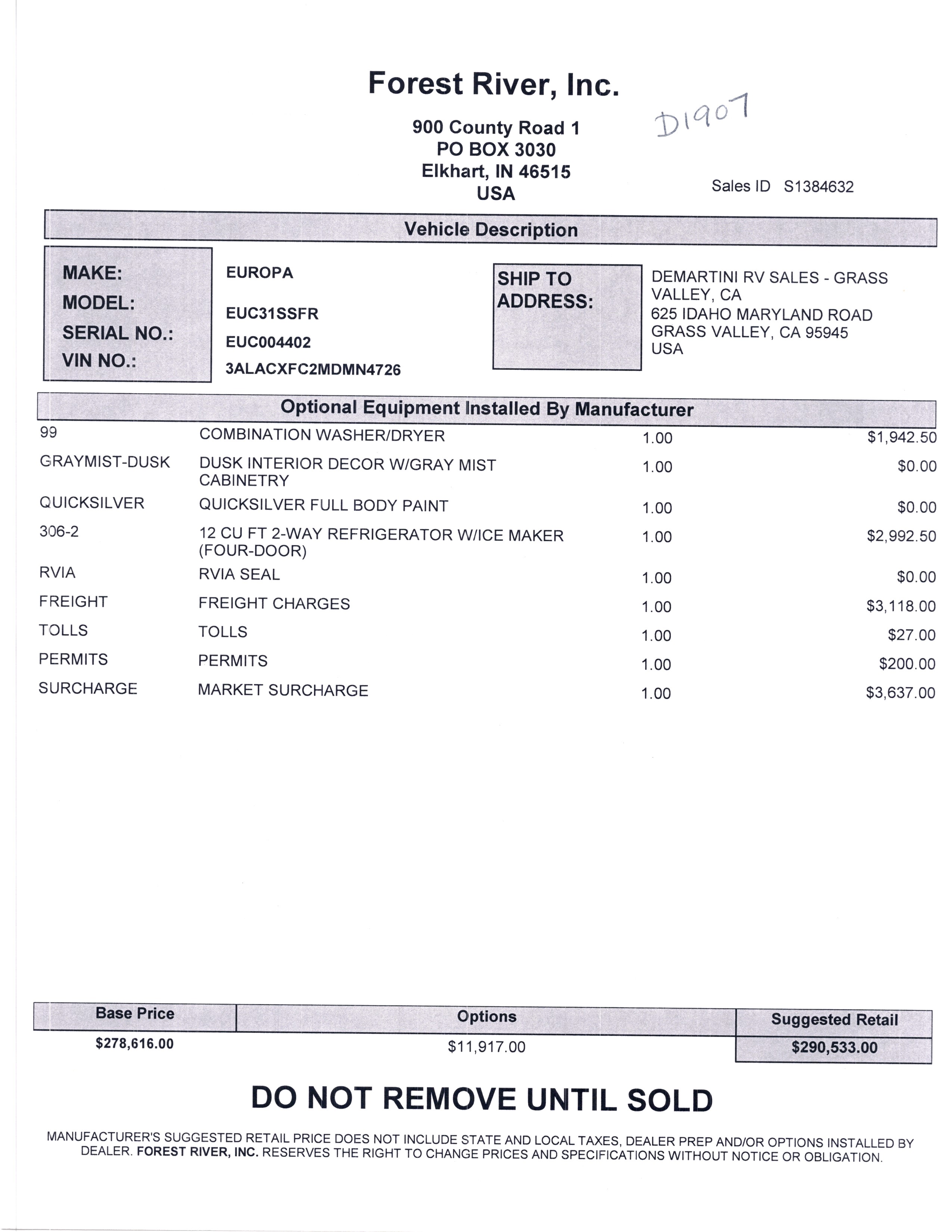 2021 Dynamax Europa 31SS MSRP Sheet