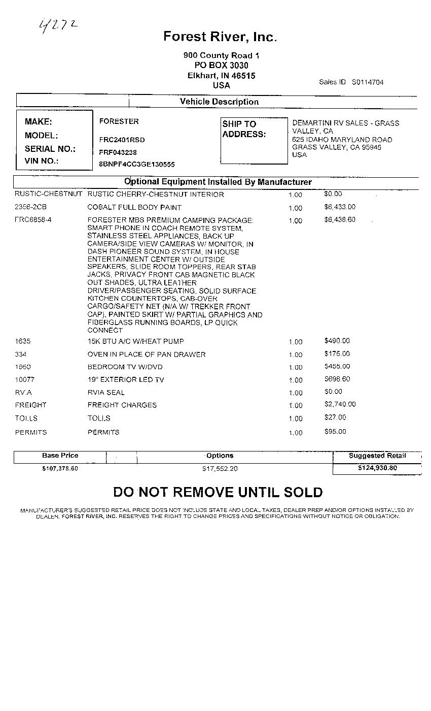 2018 Forest River Forester MBS 2401R MSRP Sheet