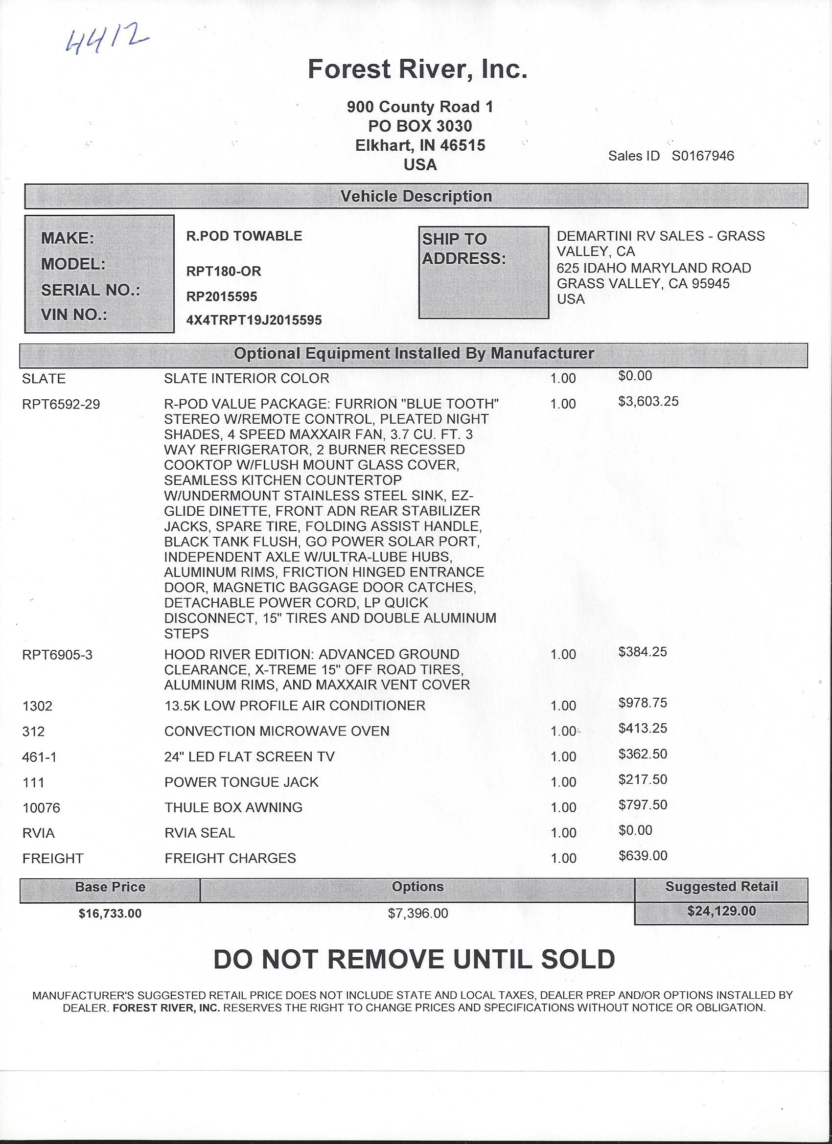 2018 Forest River R-Pod 180 MSRP Sheet