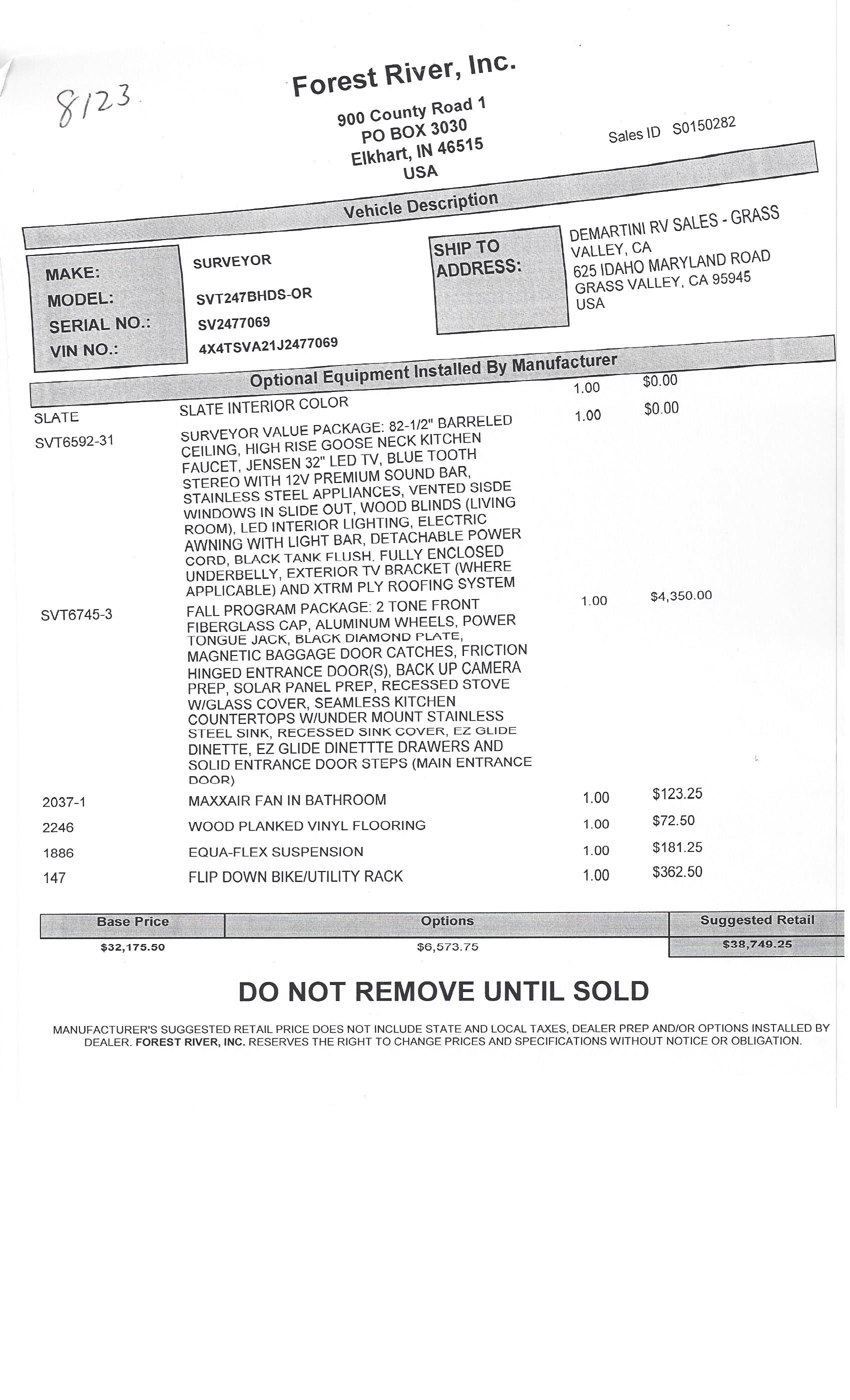 2018 Forest River Surveyor 247BHDS MSRP Sheet