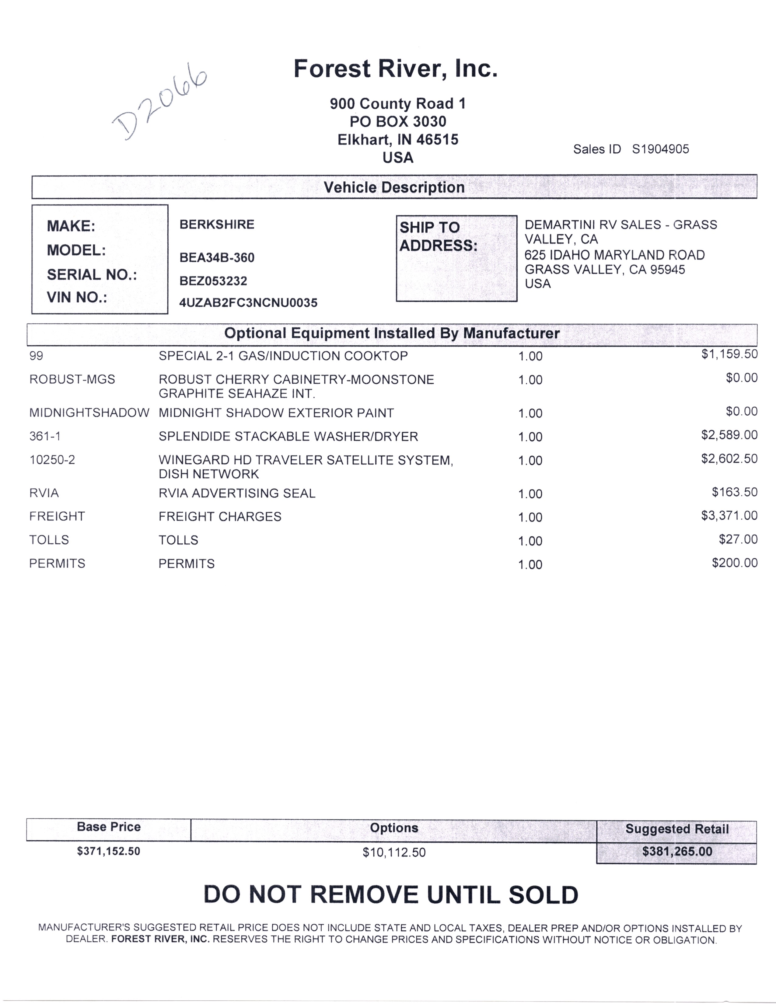 2022 Forest River Berkshire 34B MSRP Sheet