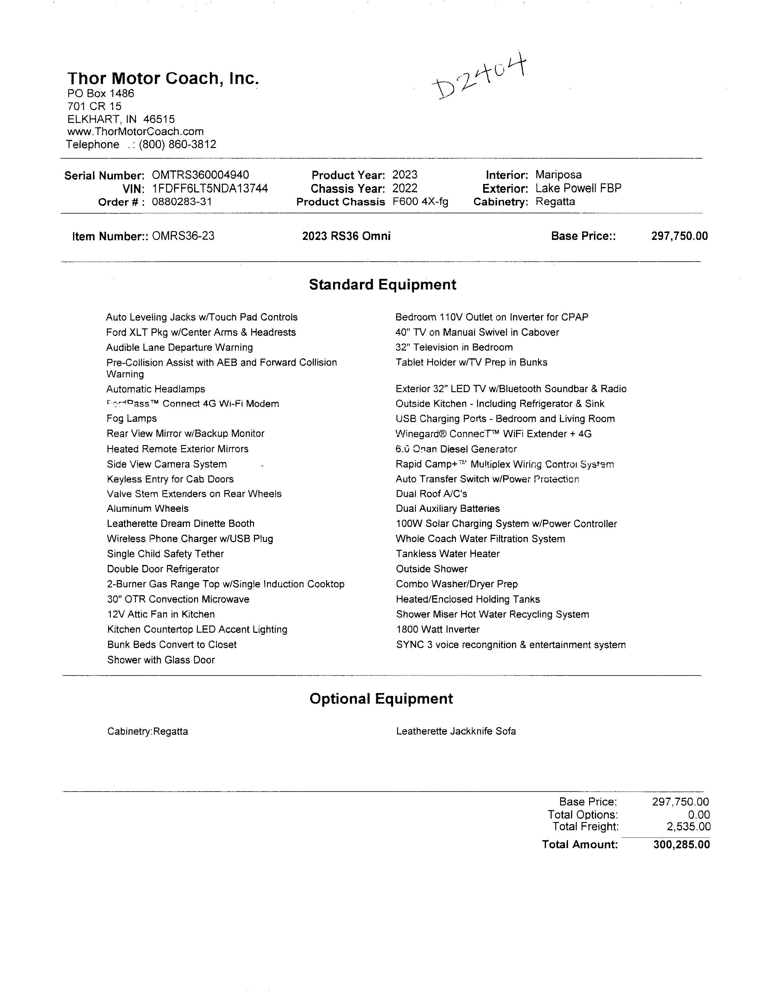 2023 Thor Omni 4x4 RS36 MSRP Sheet