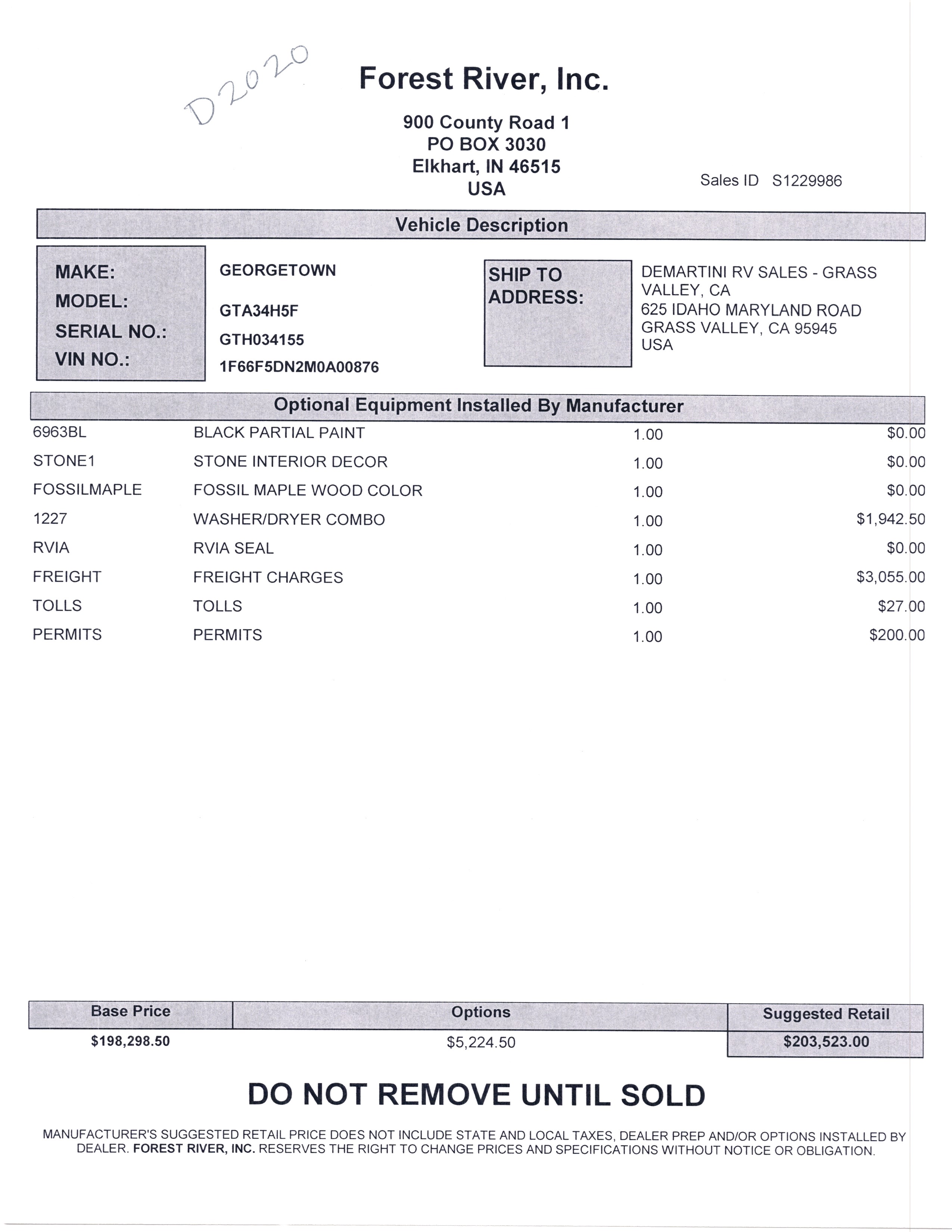 2021 Forest River Georgetown GT5 34H MSRP Sheet