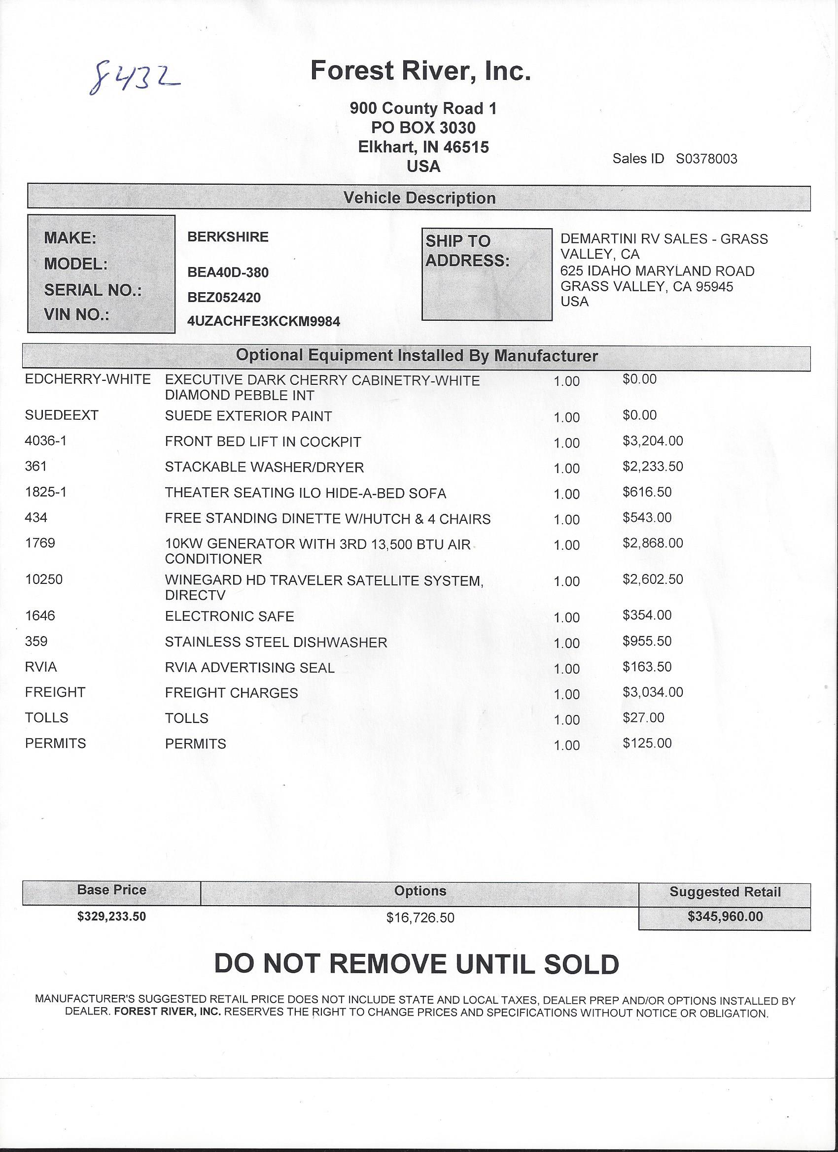 2019 Forest River Berkshire XL 40D MSRP Sheet