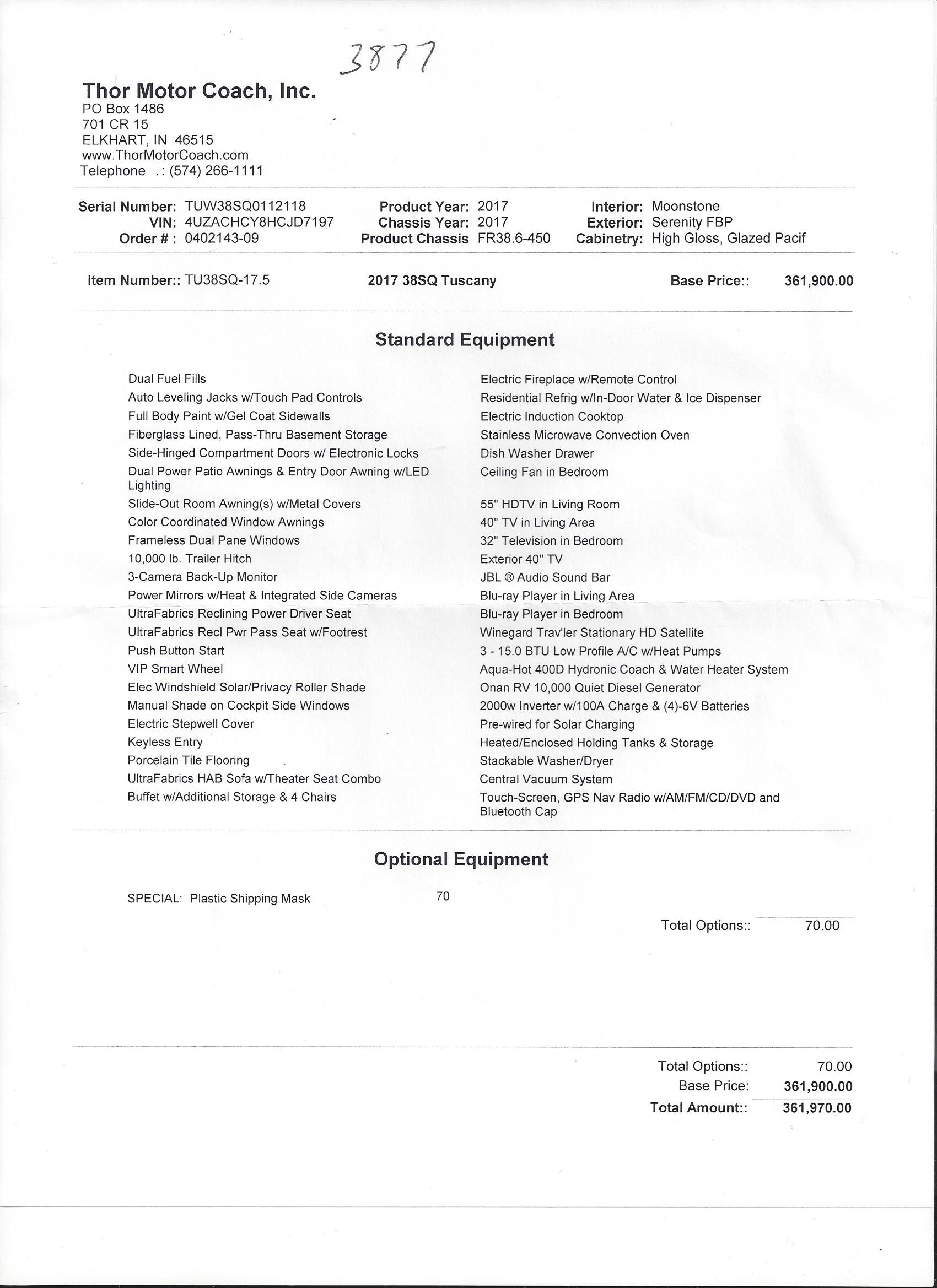 2017 Thor Tuscany 38SQ MSRP Sheet