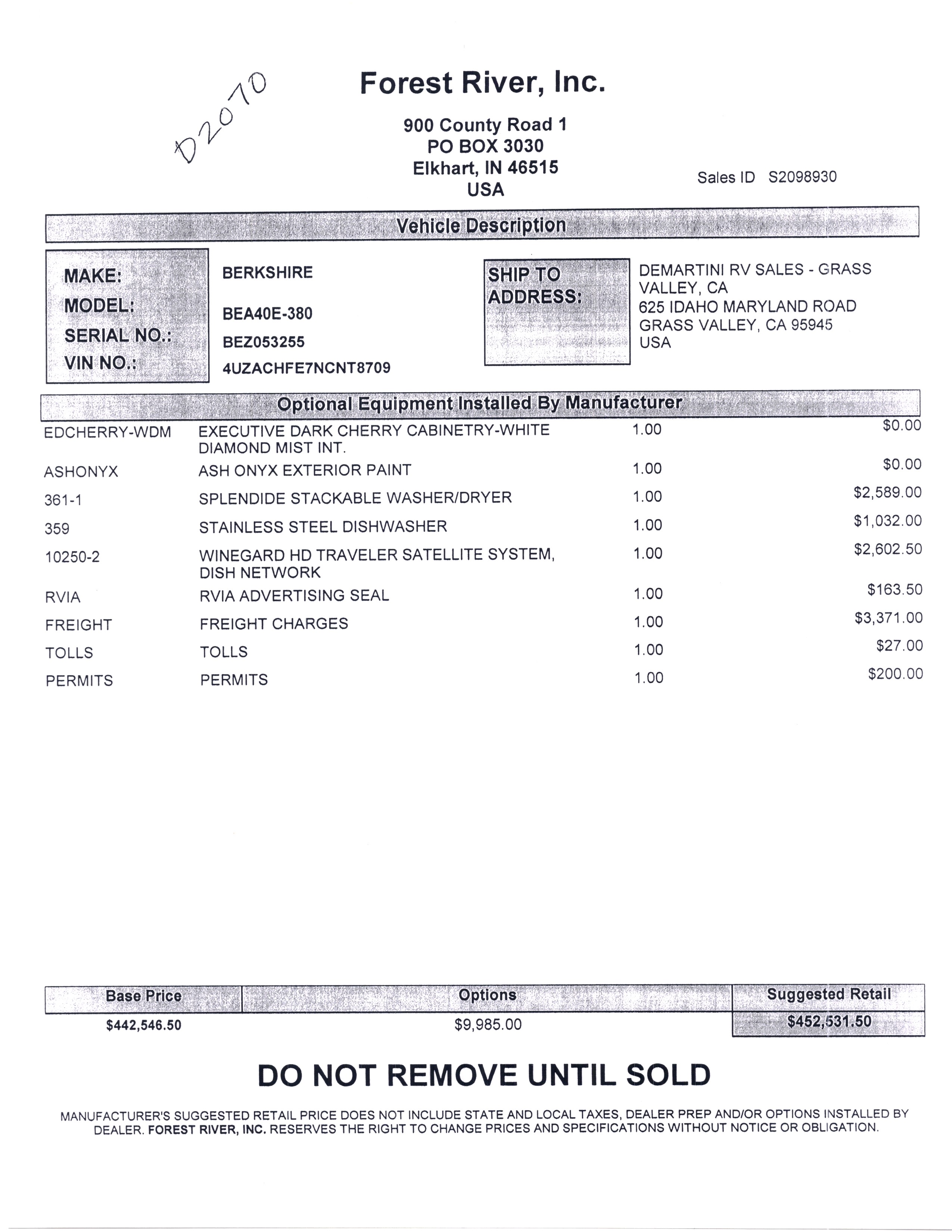 2022 Forest River Berkshire XL 40E MSRP Sheet