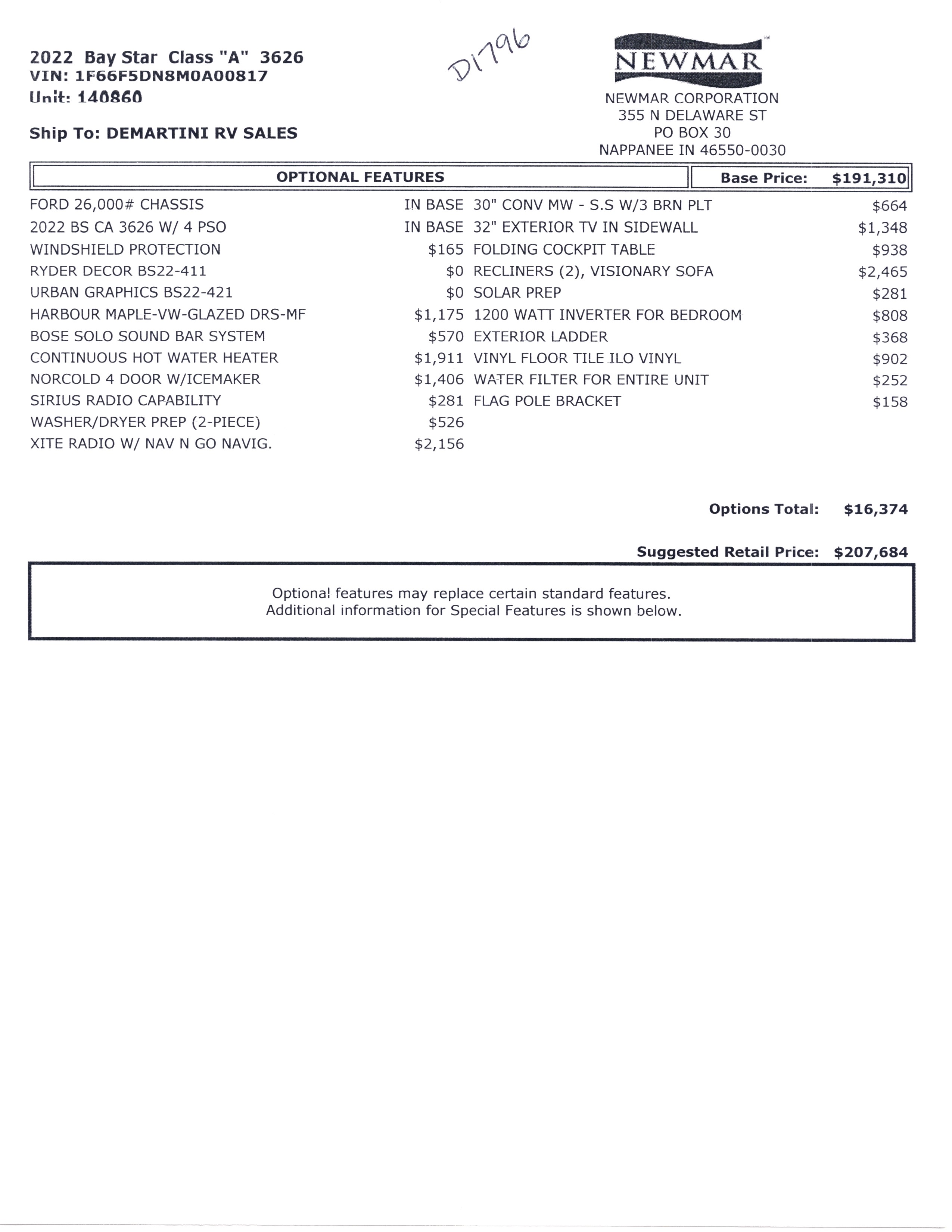 2022 Newmar Bay Star 3626 MSRP Sheet