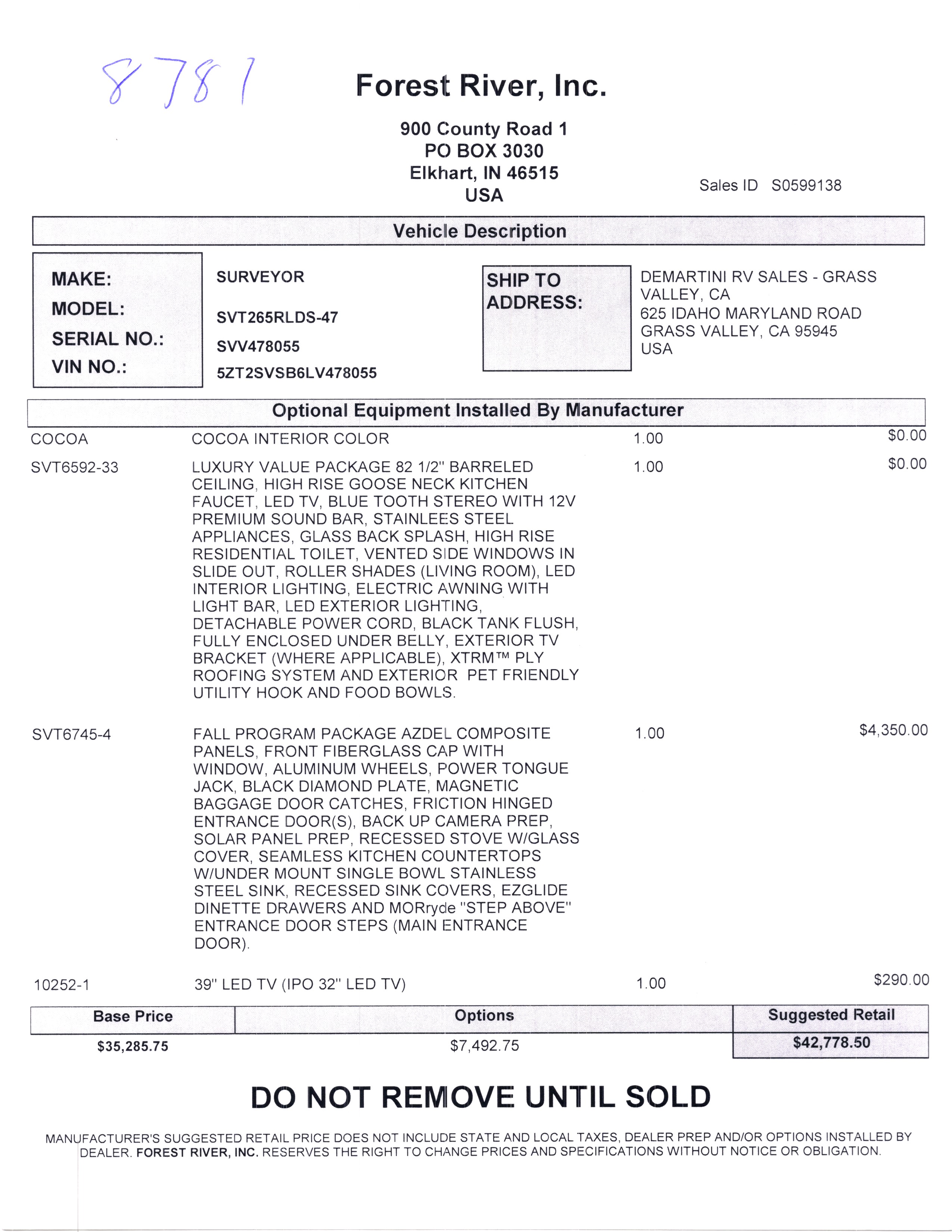 2020 Forest River Surveyor 265RLDS MSRP Sheet