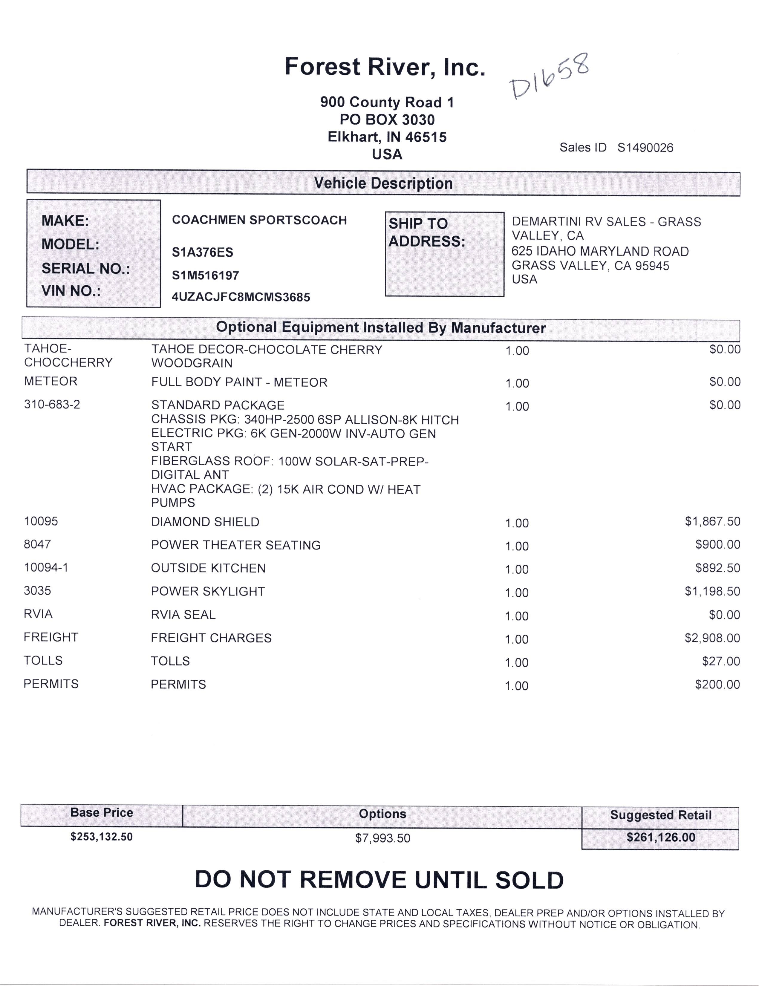 2021 Coachmen Sportscoach SRS 376ES MSRP Sheet