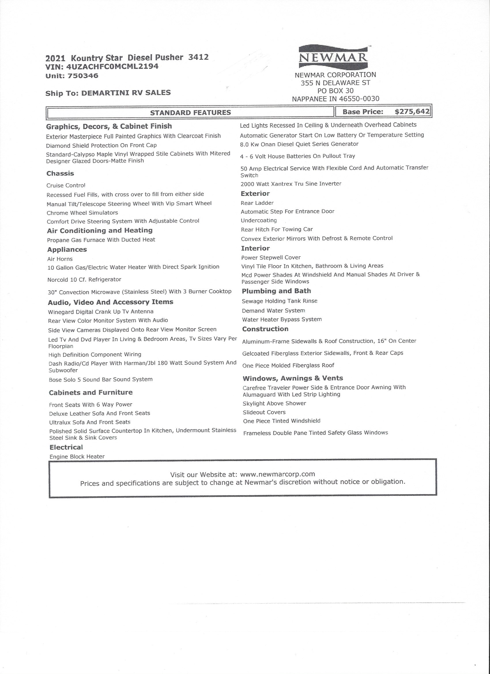 2021 Newmar Kountry Star 3412 MSRP Sheet