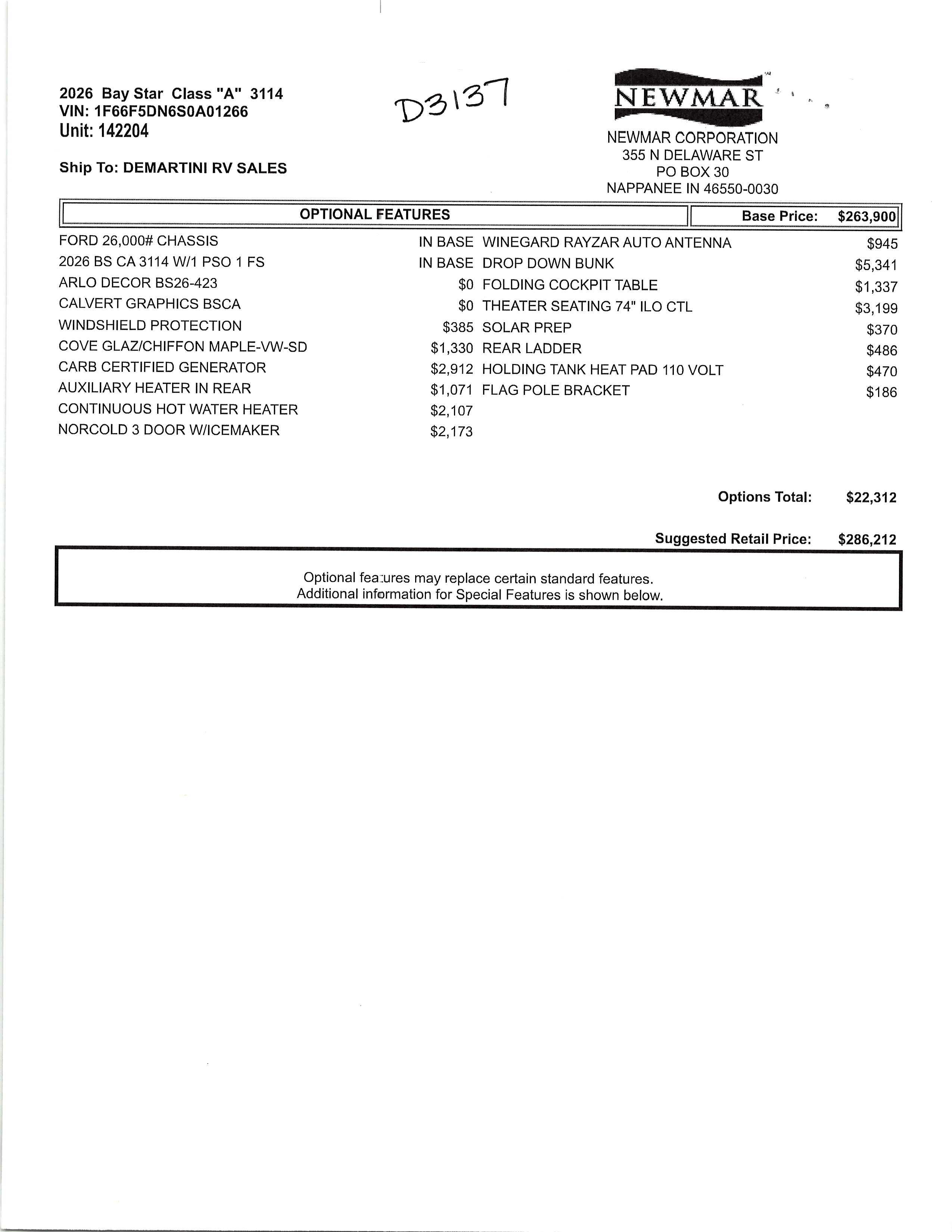 2026 Newmar Bay Star 3114 MSRP Sheet