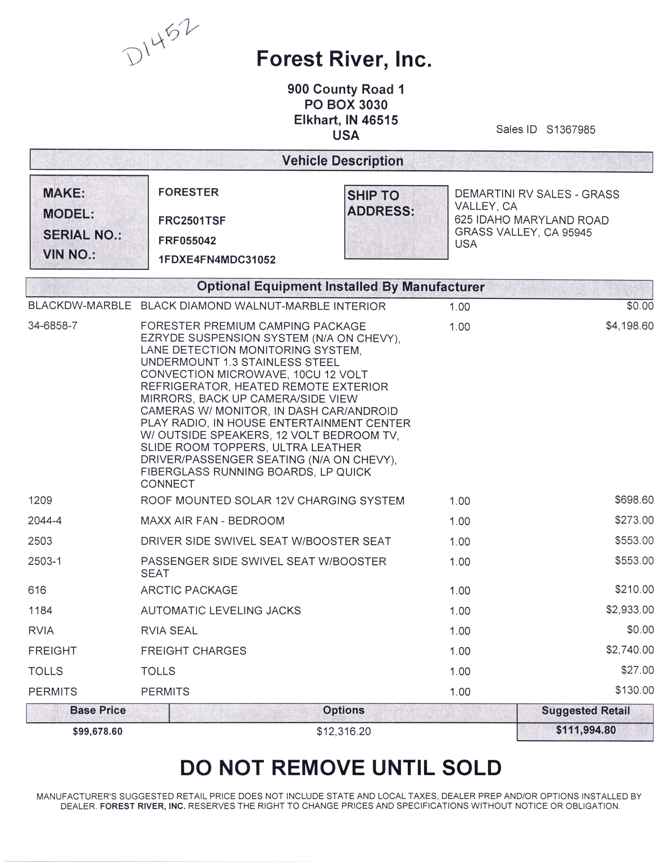 2021 Forest River Forester Classic 2501TS MSRP Sheet