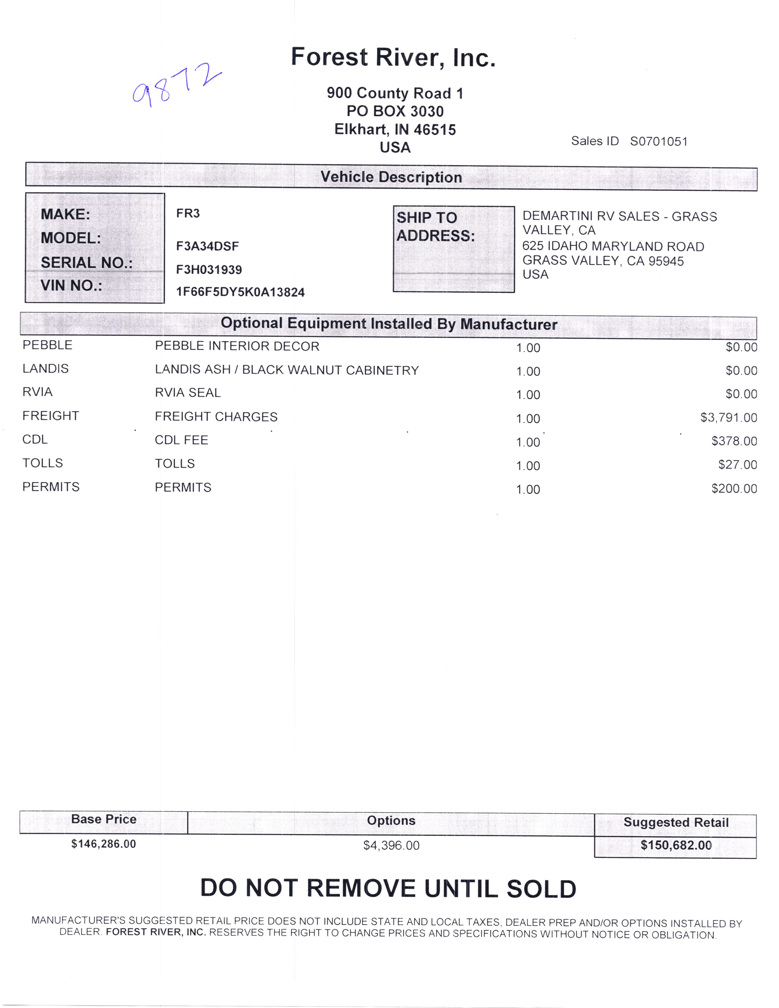 2020 Forest River FR3 34DS MSRP Sheet